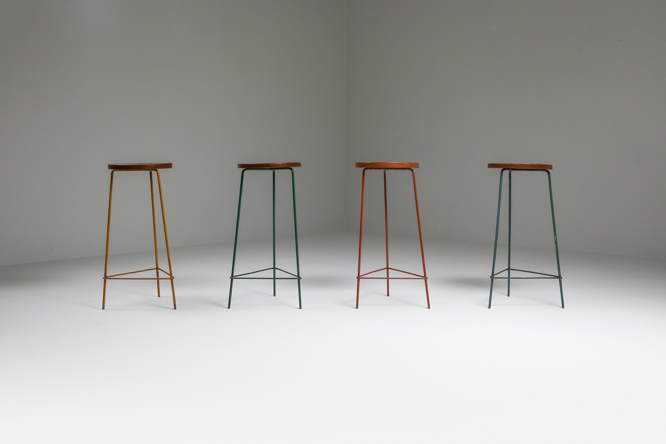 Jeanneret Teak and Iron Stool, Set of Four - 1960's