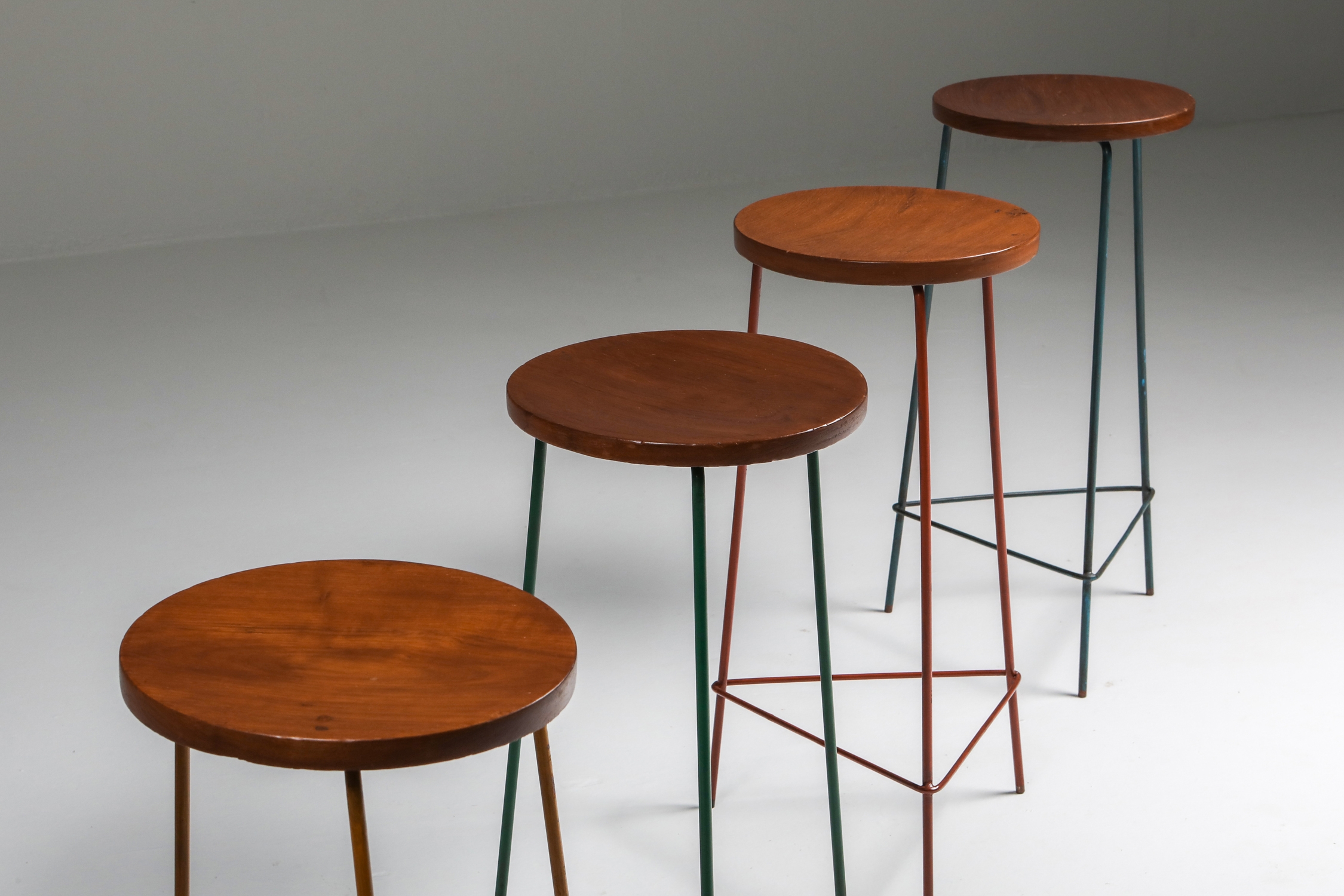 Jeanneret Teak and Iron Stool, Set of Four - 1960's