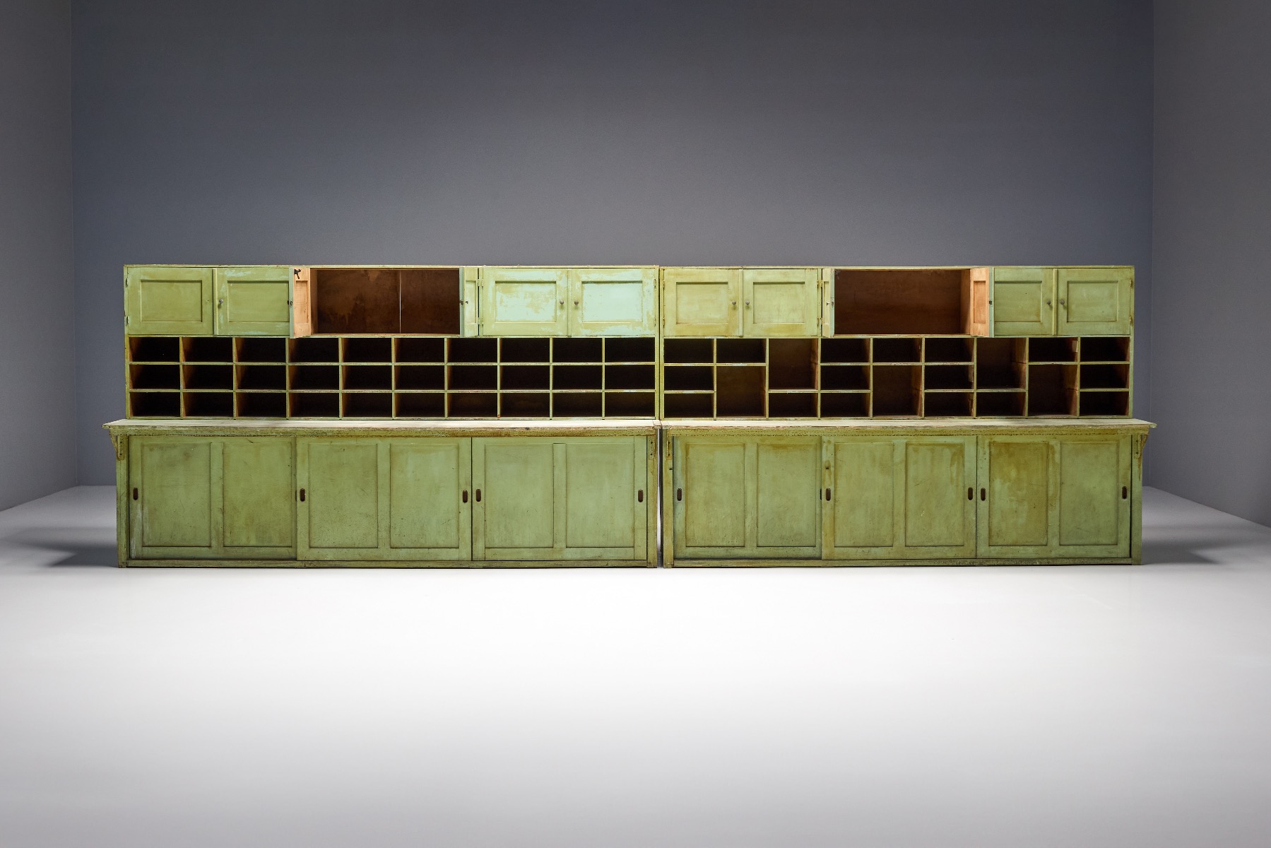 Primitive Green Apothecary Cabinets - 19th Century