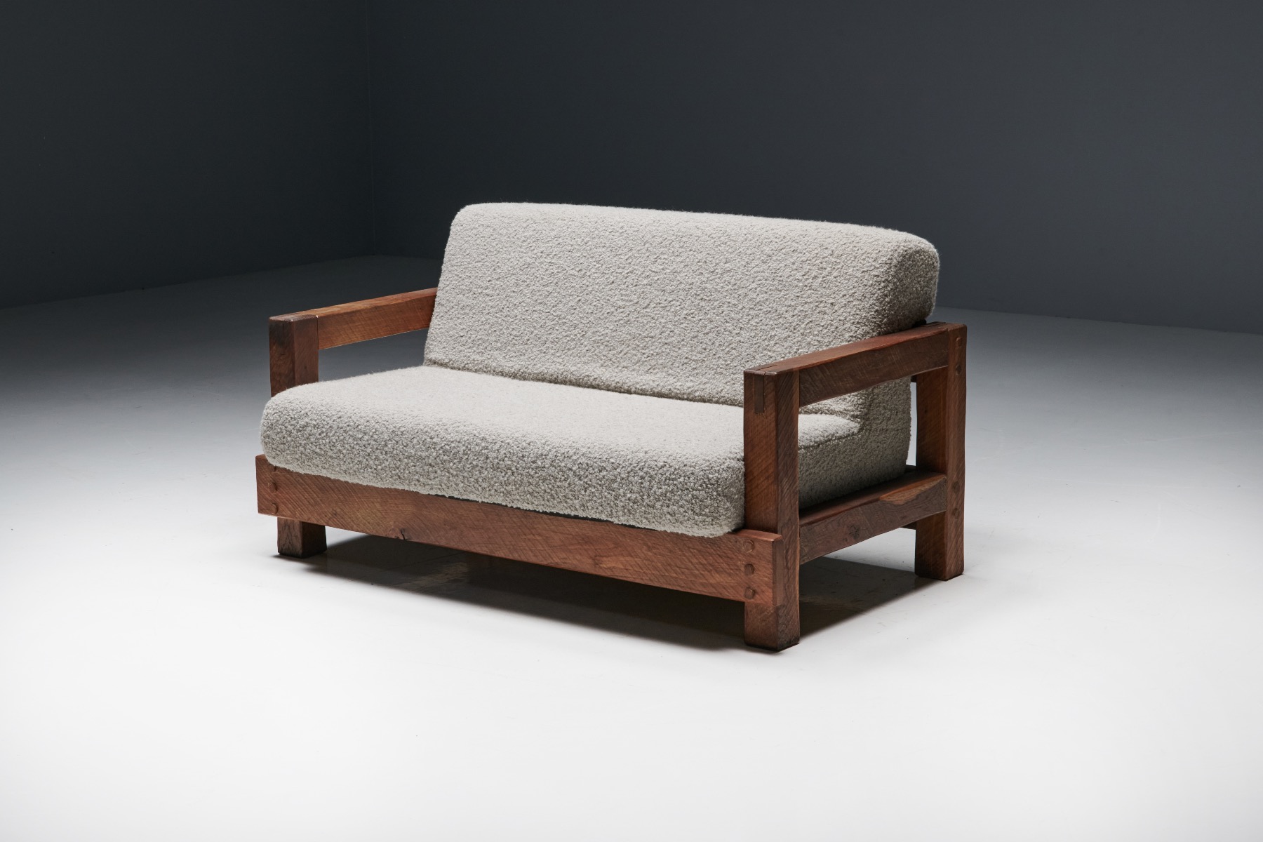 Rustic Modern Primitive Sofa in Pierre Frey Bouclé - 1960s