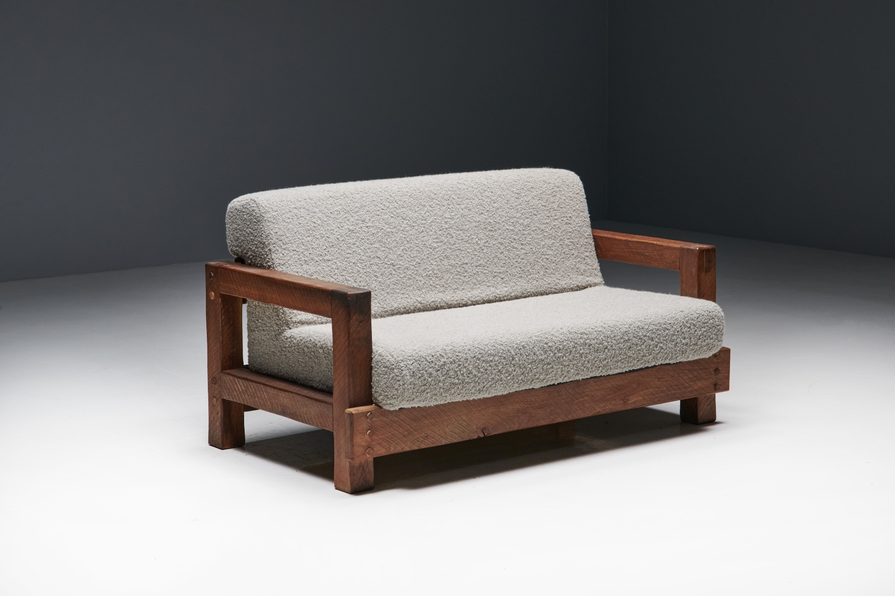 Rustic Modern Primitive Sofa in Pierre Frey Bouclé - 1960s