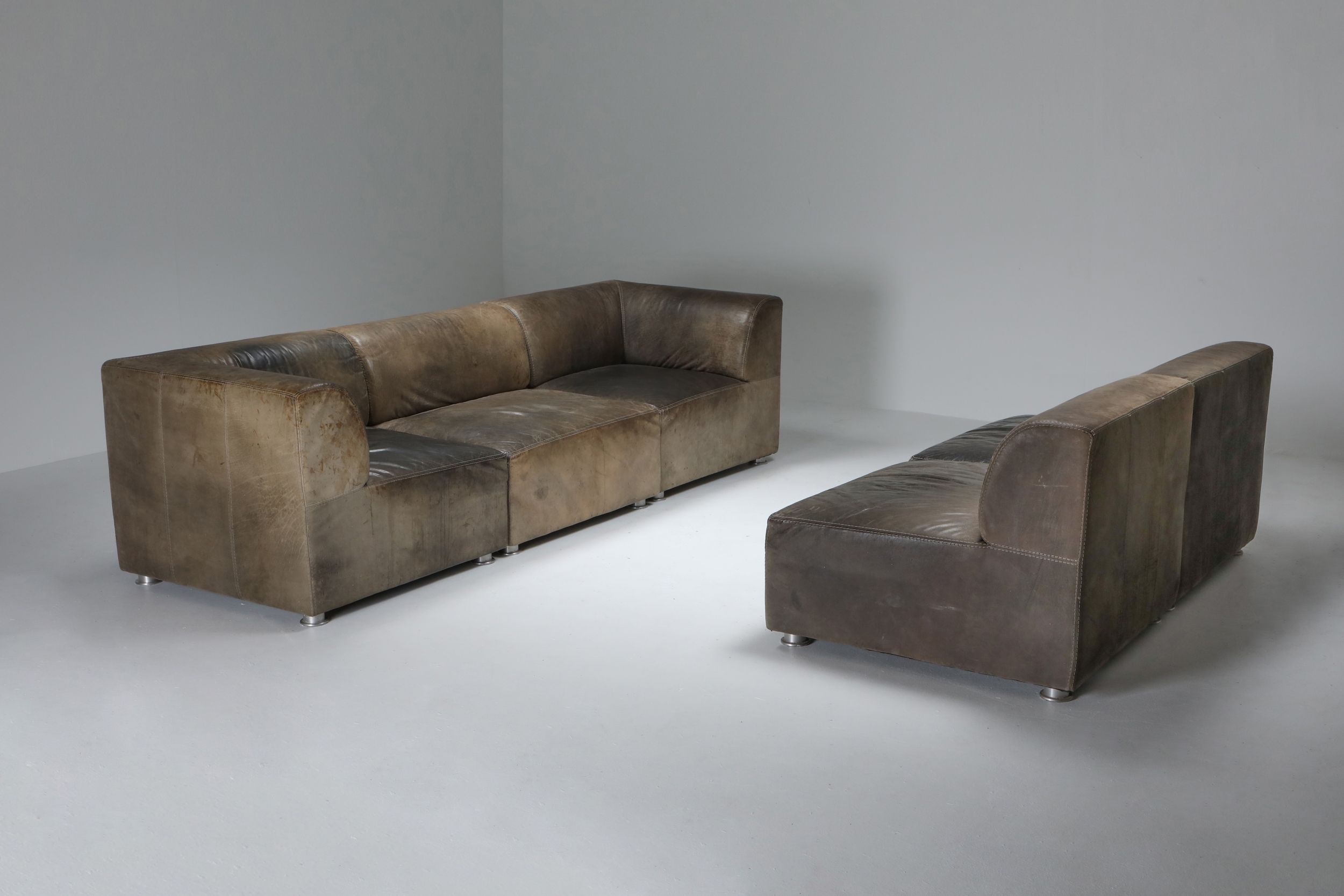 Sectional Corner Sofa in Patinated Leather for Durlet - 1980's