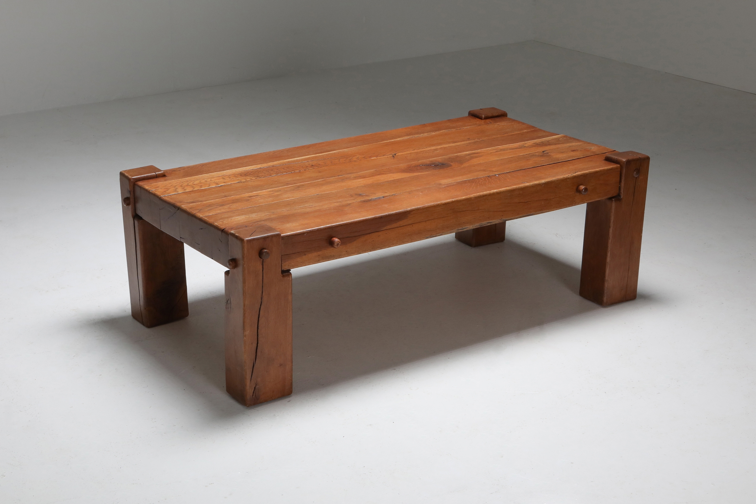 Rustic Modern Coffee Table in Solid Oak - 1960's