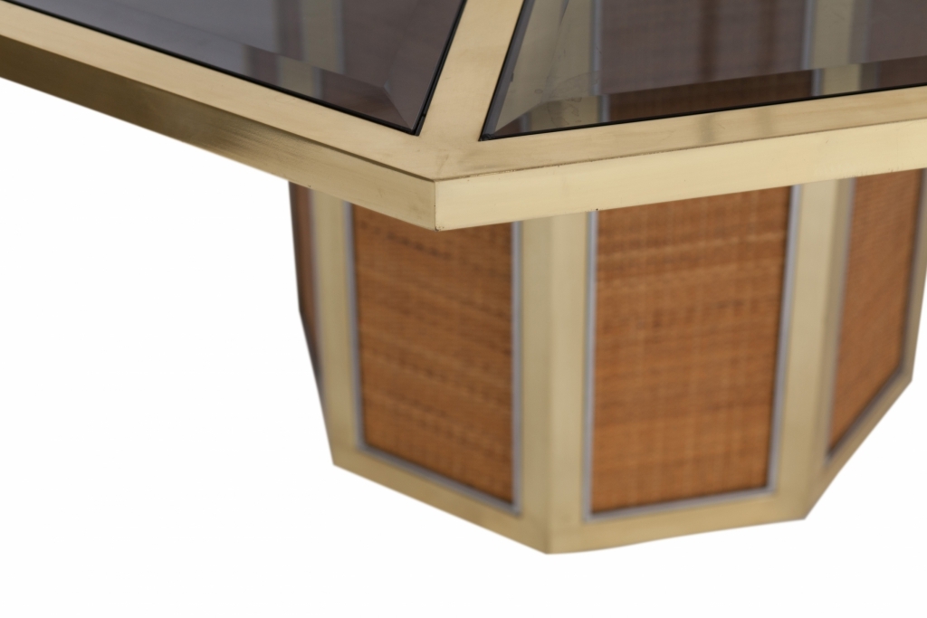 Italian Glam Brass And Glass Octagonal Dining Table, Romeo Rega - 1970s