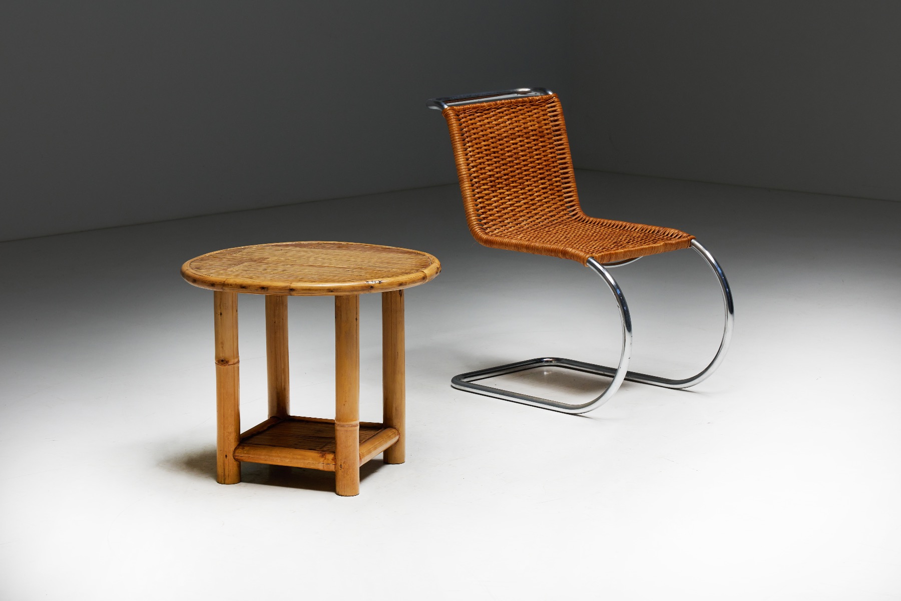 Round Bamboo Side Table - 1970s