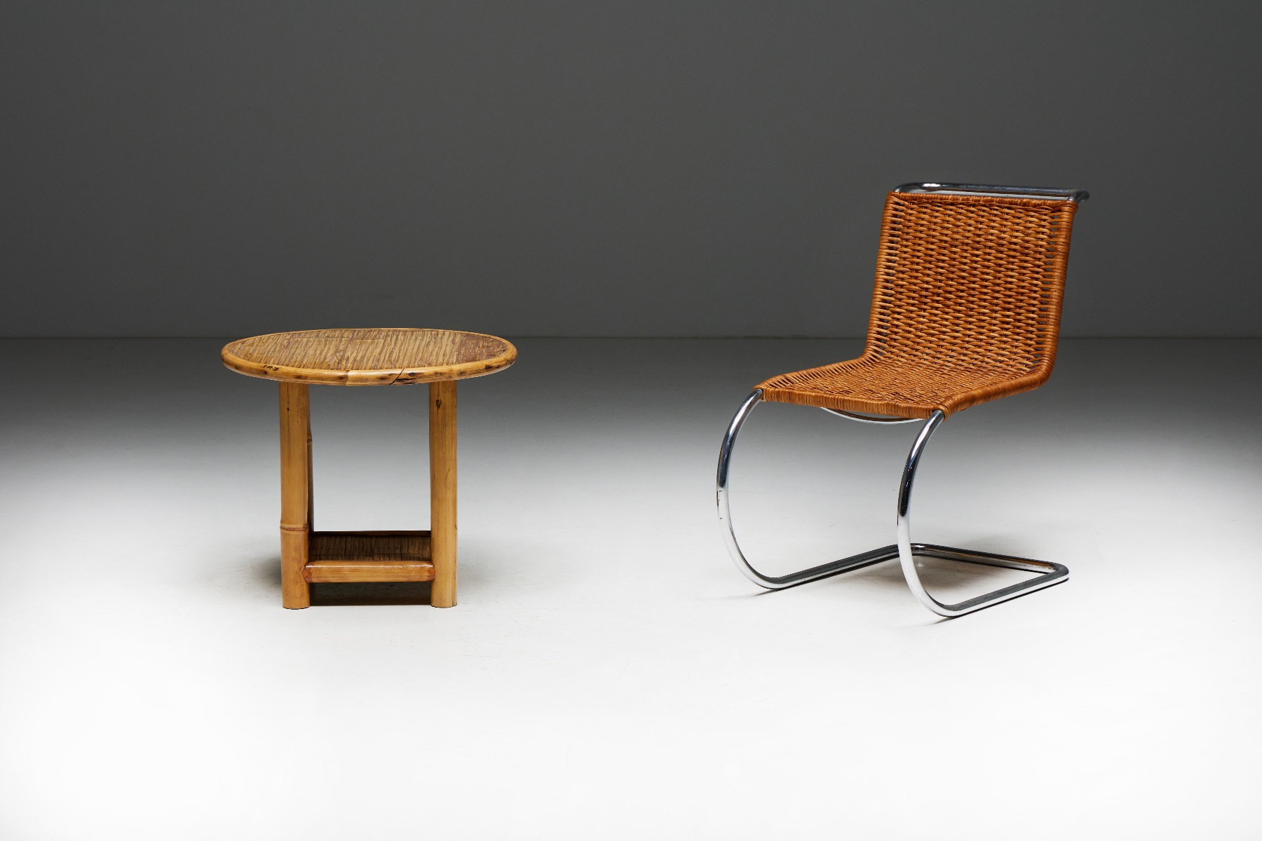 Round Bamboo Side Table - 1970s
