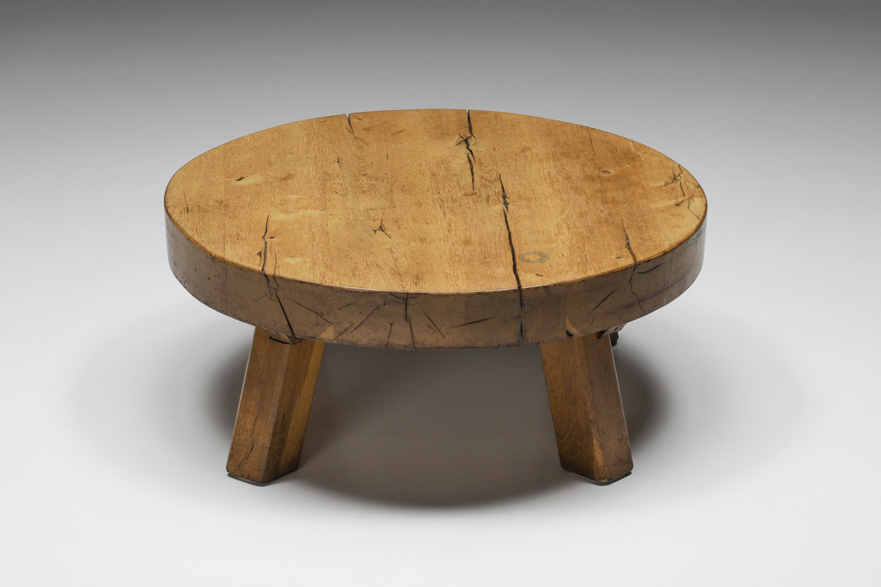 Round Rustic Wooden Coffee Table - 1950s