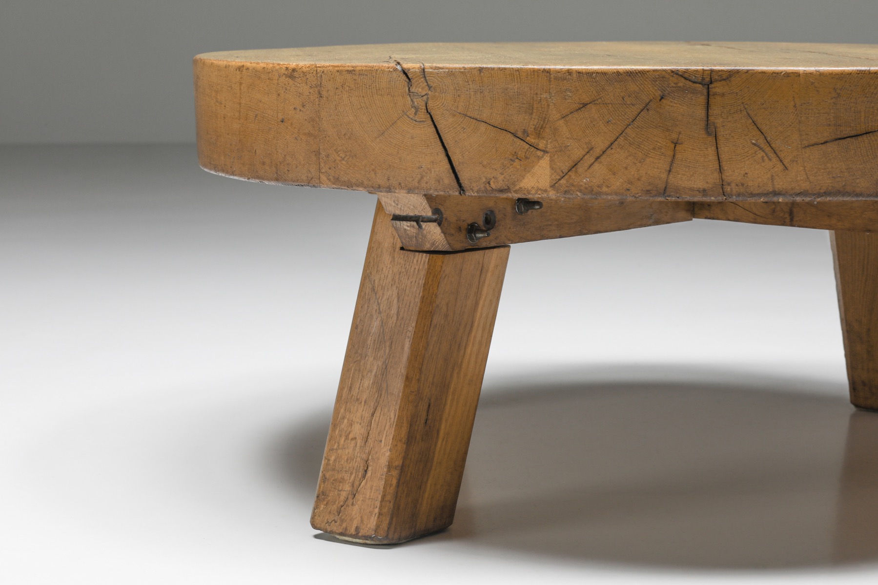 Round Rustic Wooden Coffee Table - 1950s