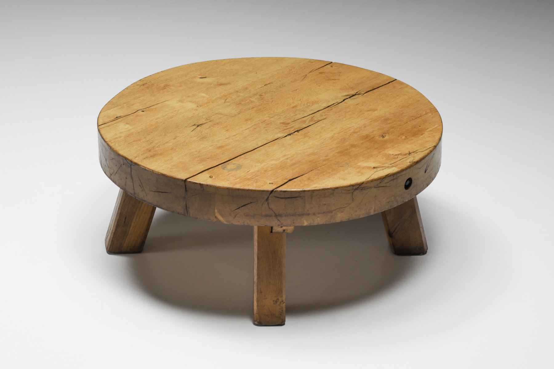Round Rustic Wooden Coffee Table - 1950s