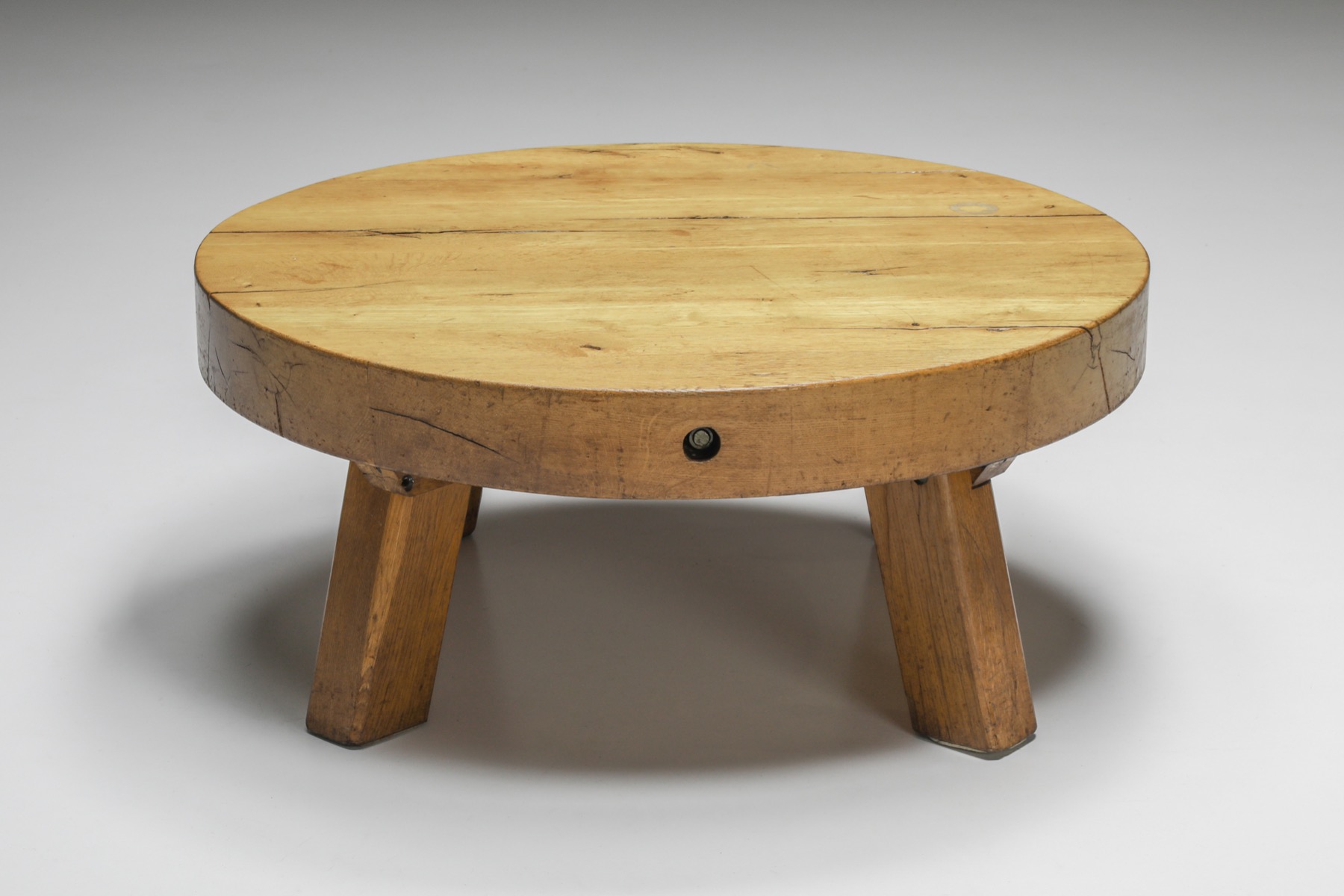Round Rustic Wooden Coffee Table - 1950s