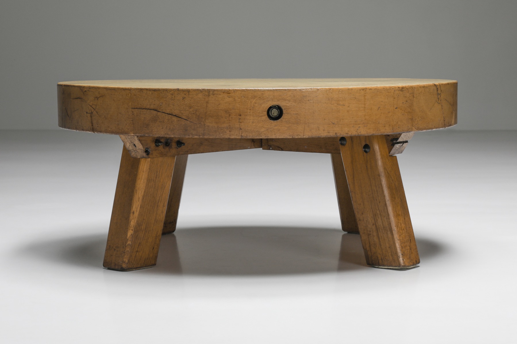 Round Rustic Wooden Coffee Table - 1950s