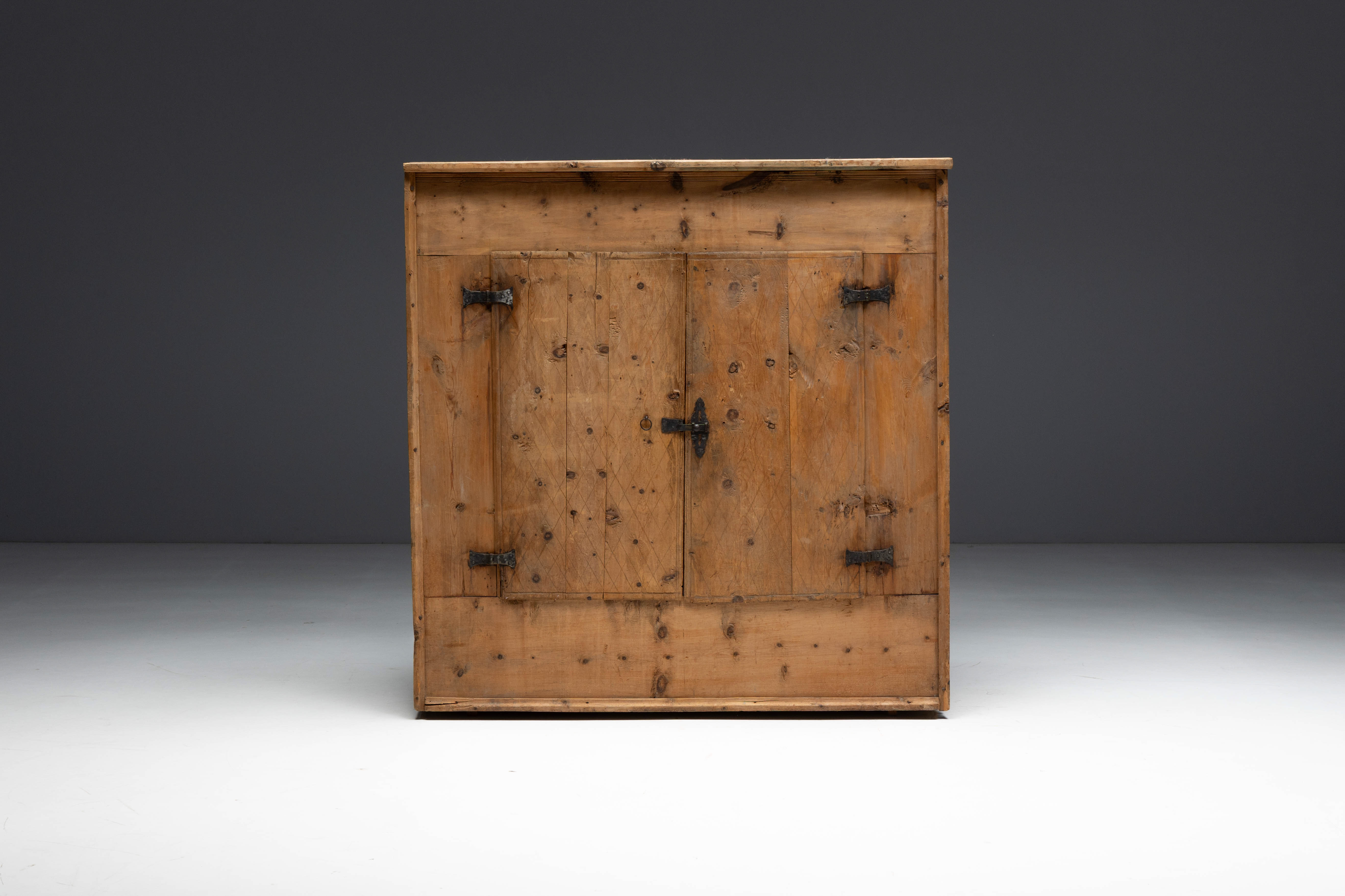  Rustic Alpine Folk Art Pine Cupboard - Circa 1800 