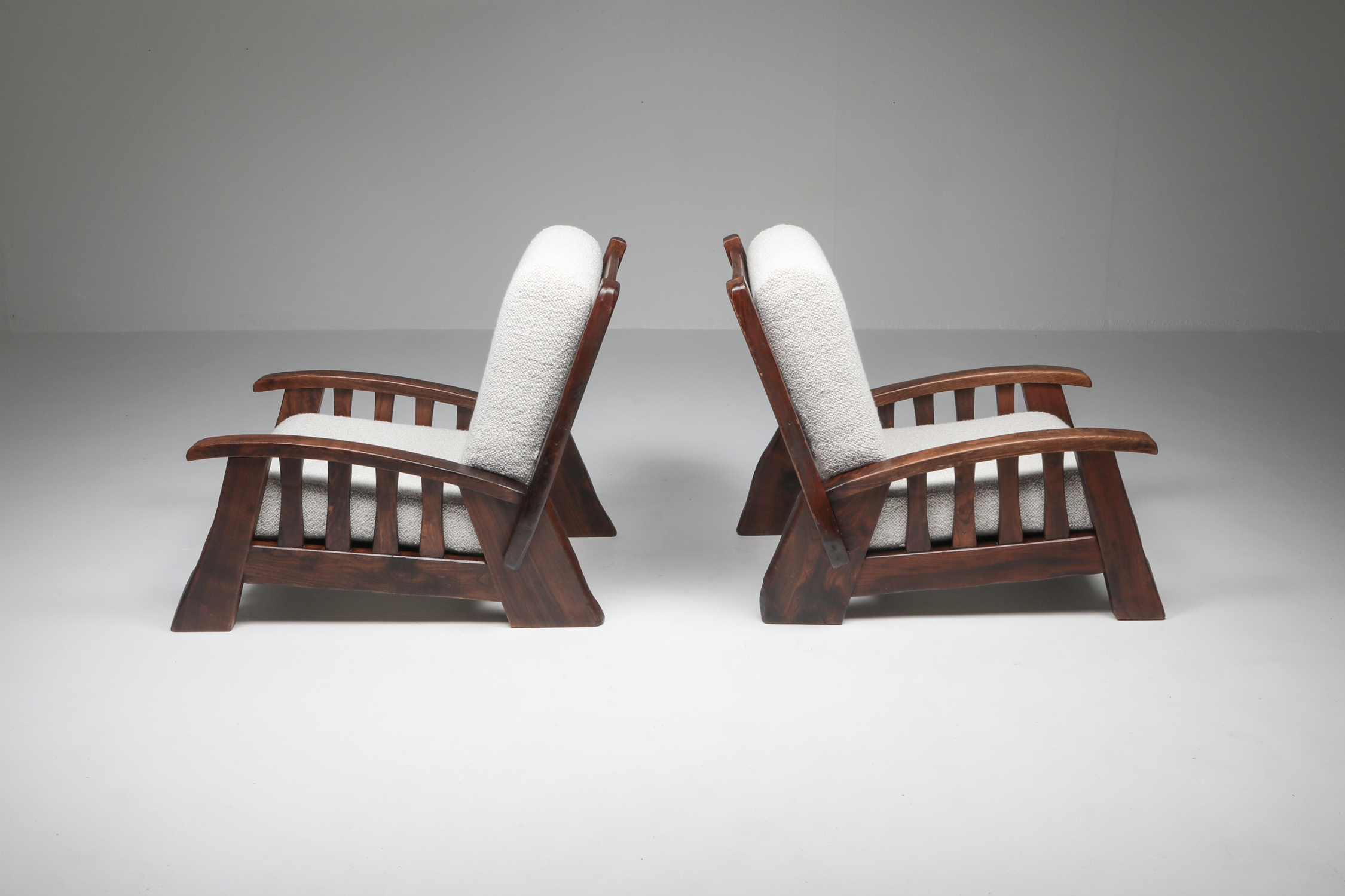 Rustic modern 'chalet' clubs with Pierre Frey bouclé - 1960's