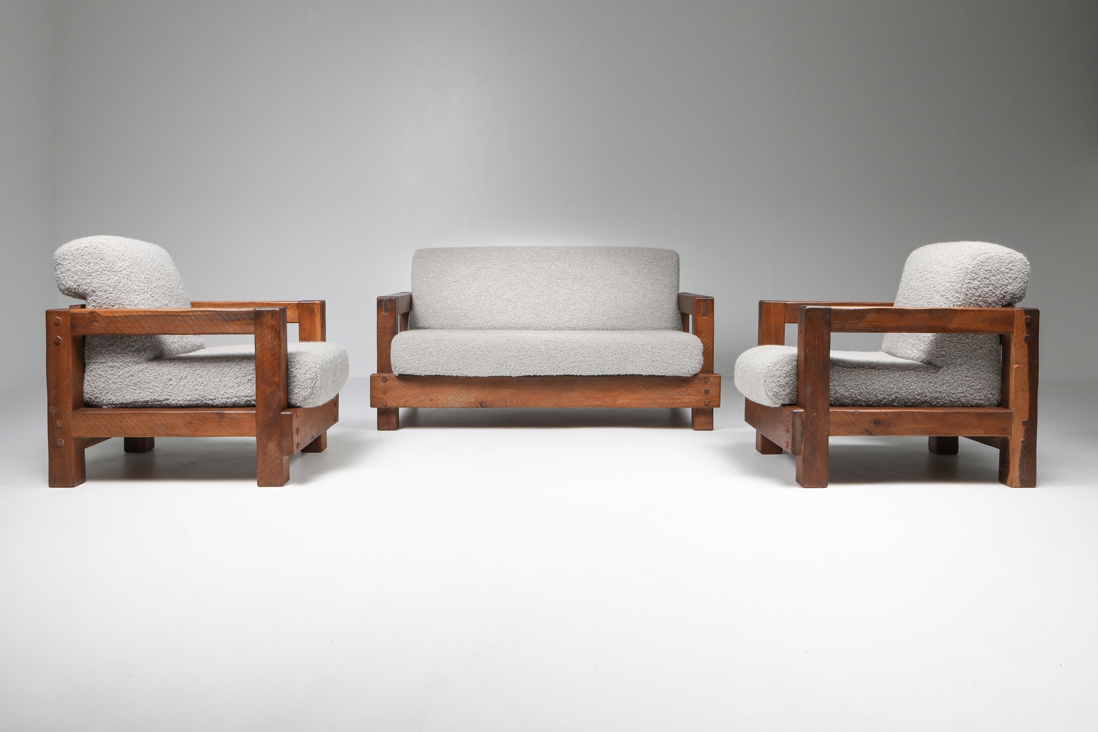Rustic Modern Primitive Lounge Chairs in Bouclé - 1960s