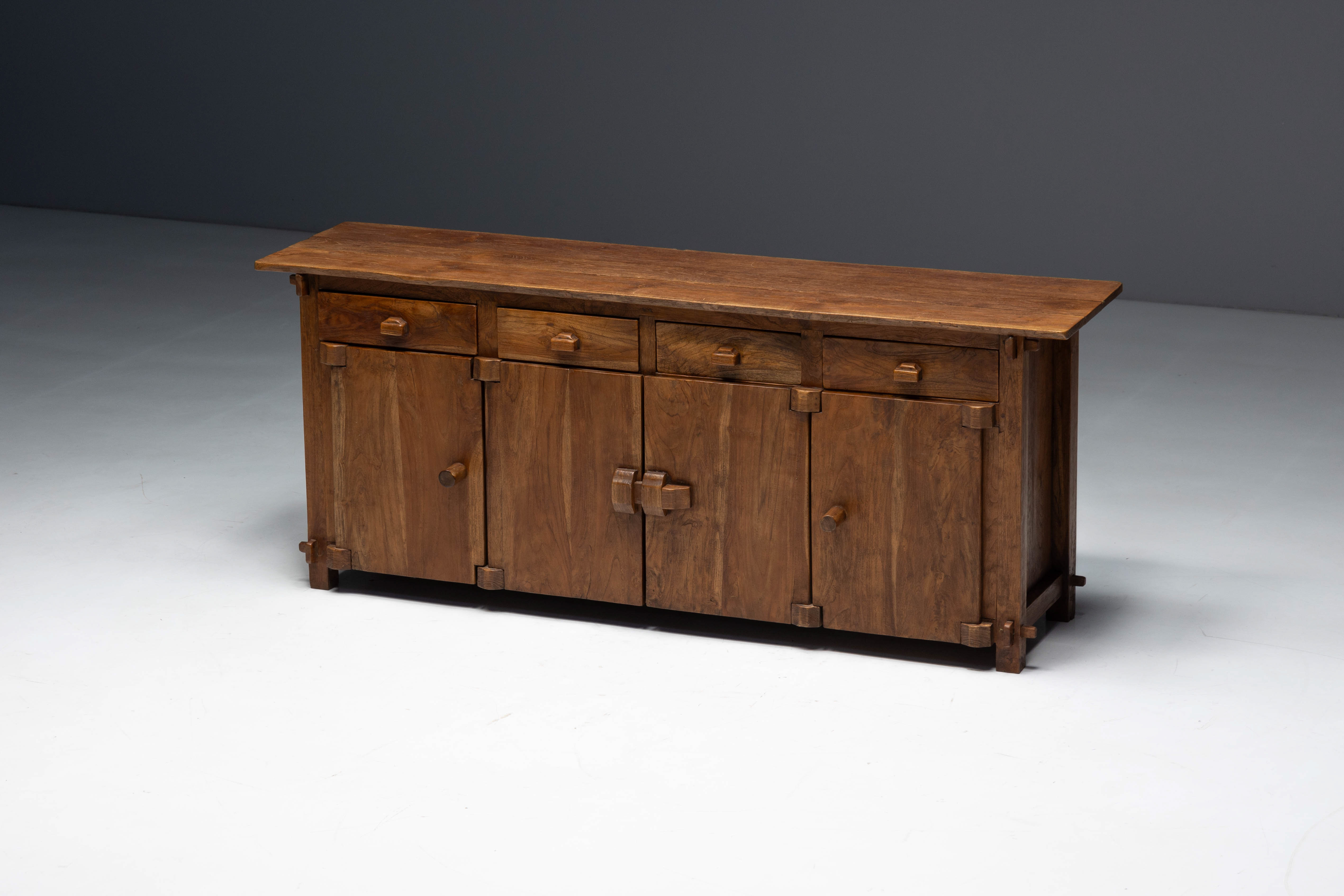 Rustic Brutalist Elm Enfilade, Europe - Mid-20th Century