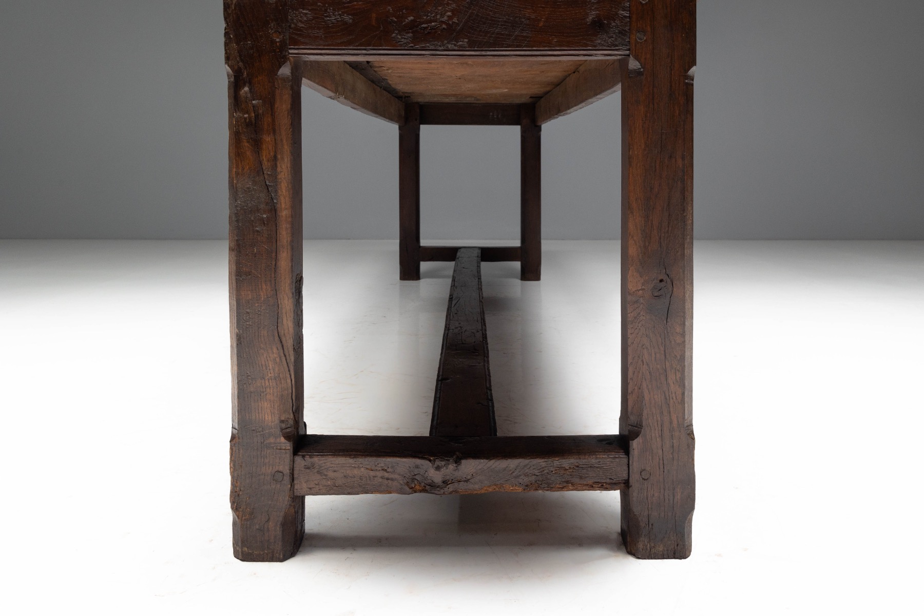 Rustic Brutalist Farm Table in Solid Oak, France - Early 20th Century