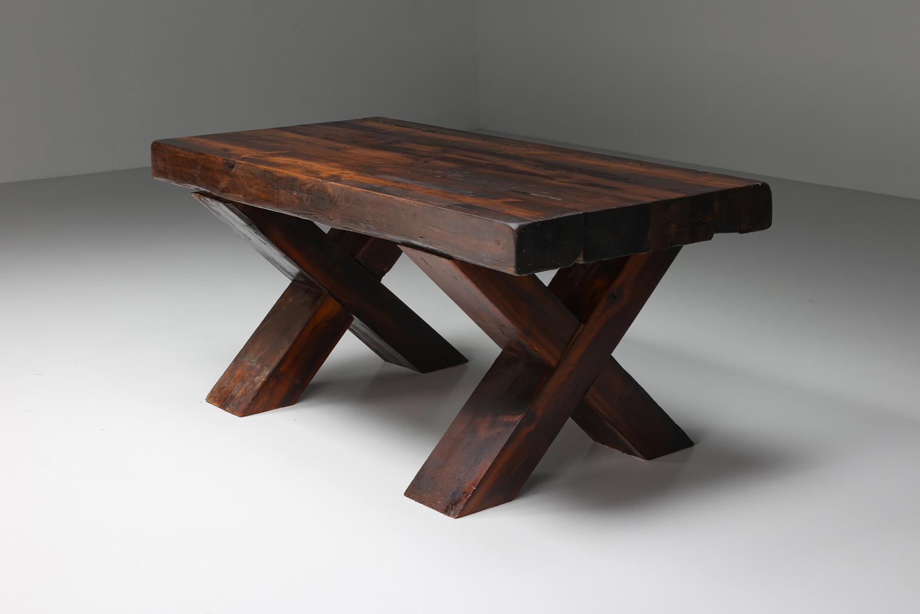 Rustic Brutalist Dark Wooden Dining Table  - 1940's
