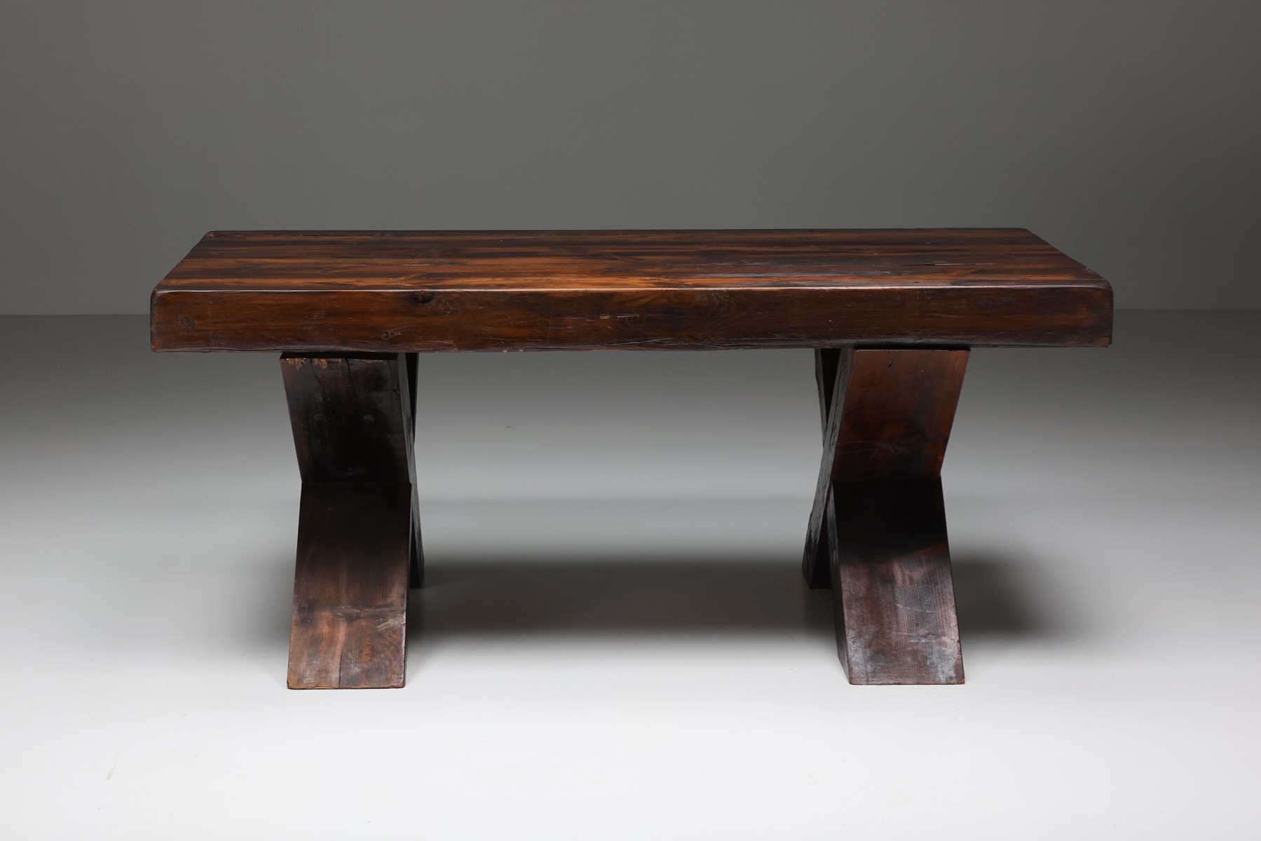 Rustic Brutalist Dark Wooden Dining Table  - 1940's