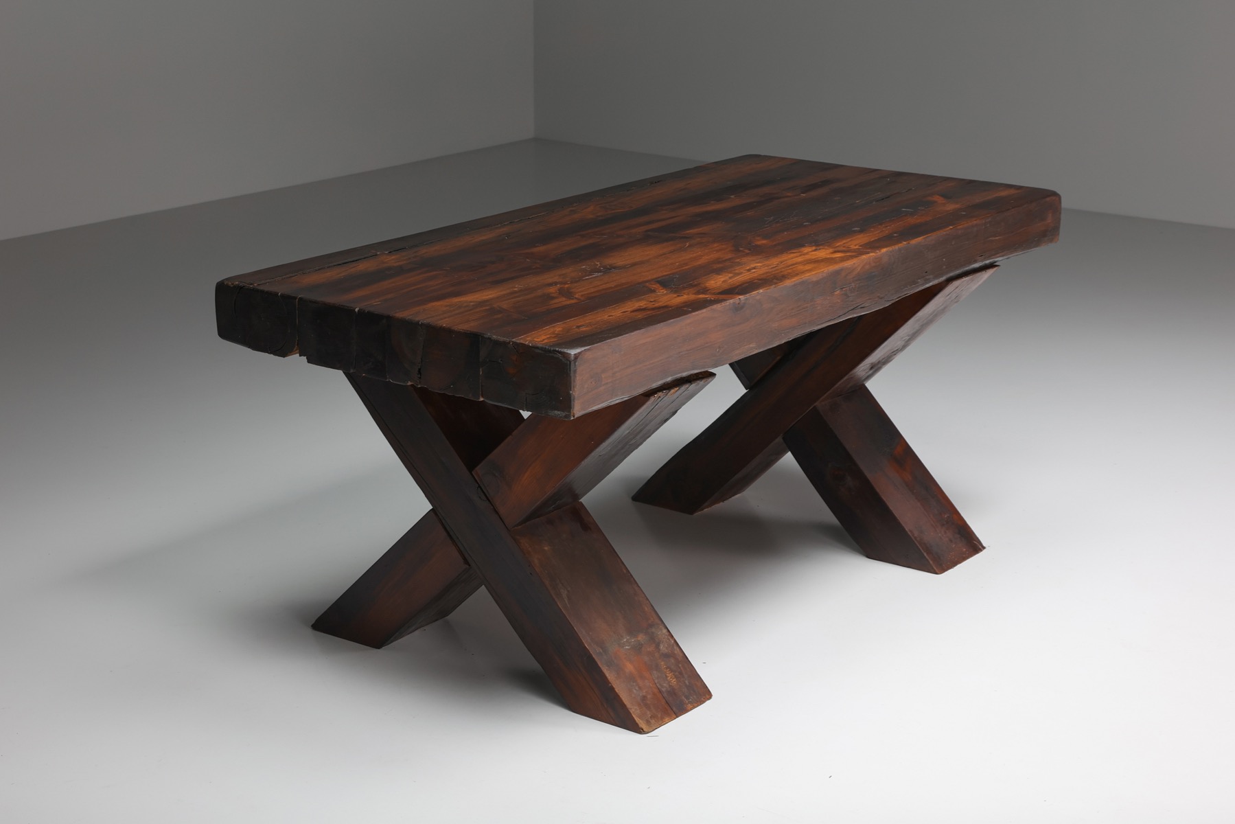 Rustic Brutalist Dark Wooden Dining Table  - 1940's