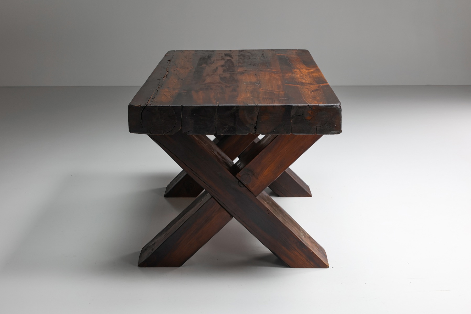 Rustic Brutalist Dark Wooden Dining Table  - 1940's