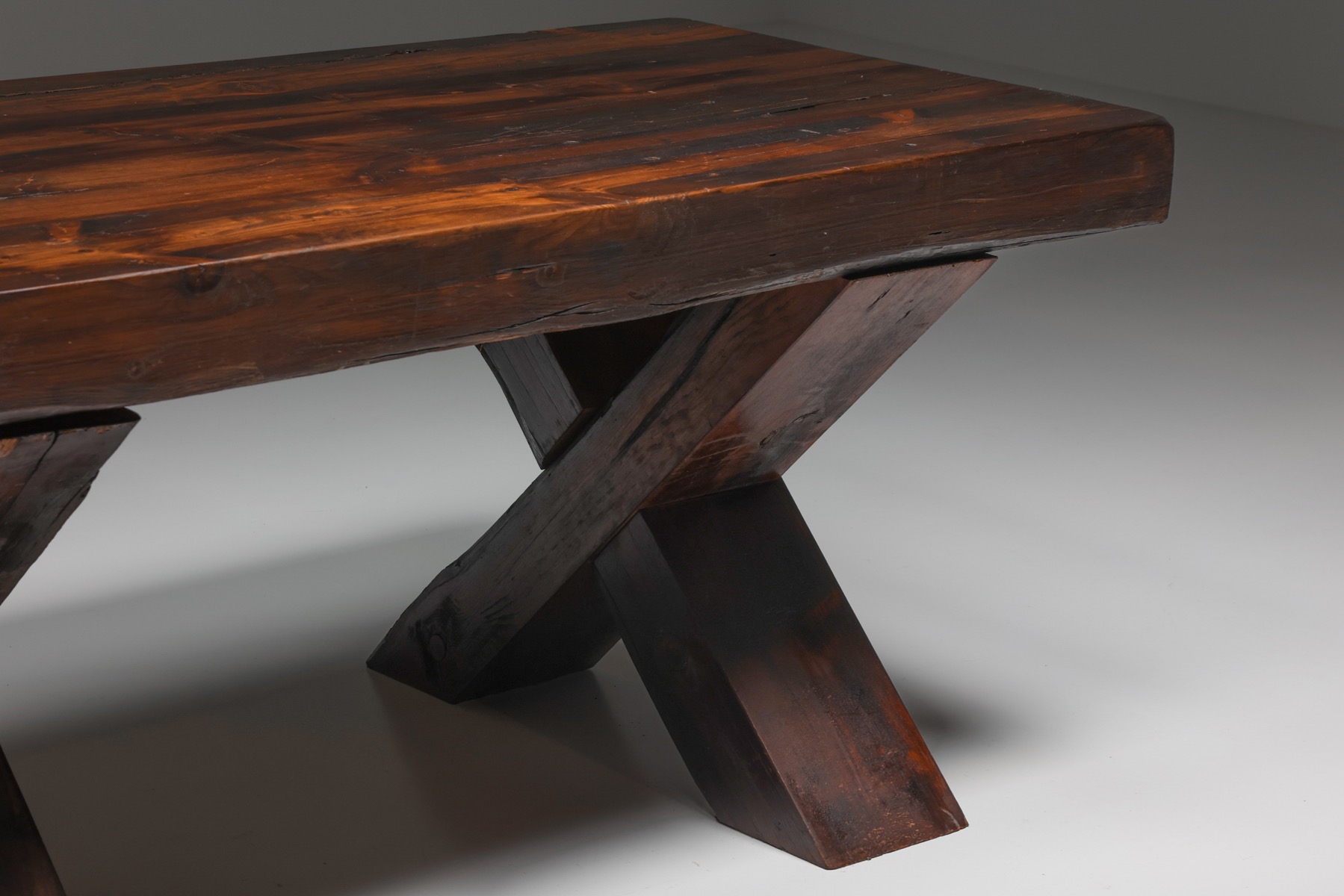 Rustic Brutalist Dark Wooden Dining Table  - 1940's