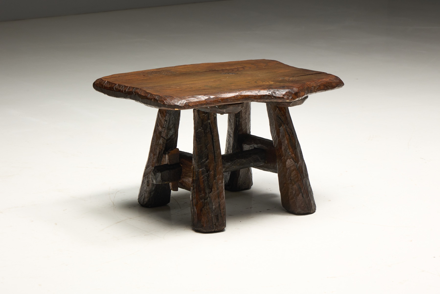 Rustic Hand-Carved Side Table, France – 19th Century