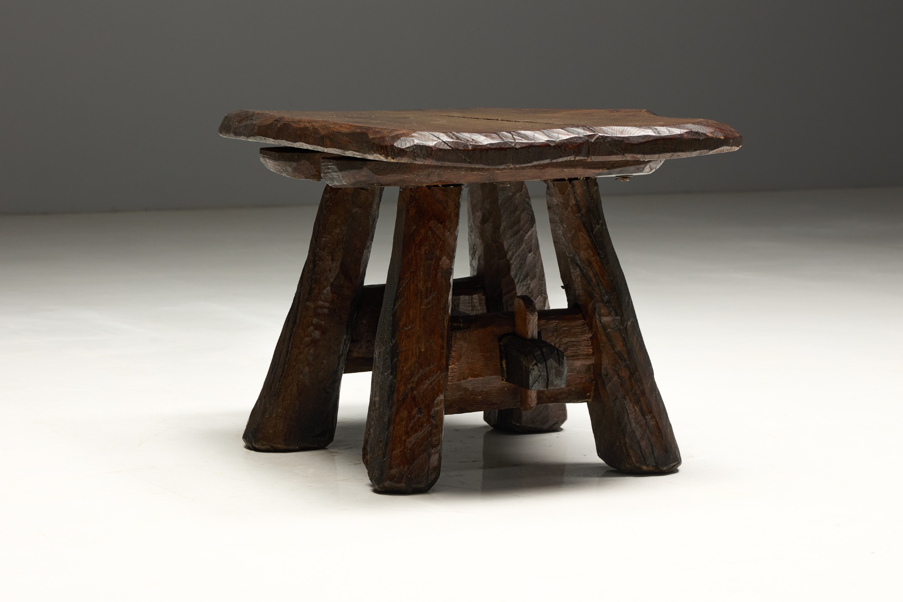 Rustic Hand-Carved Side Table, France – 19th Century