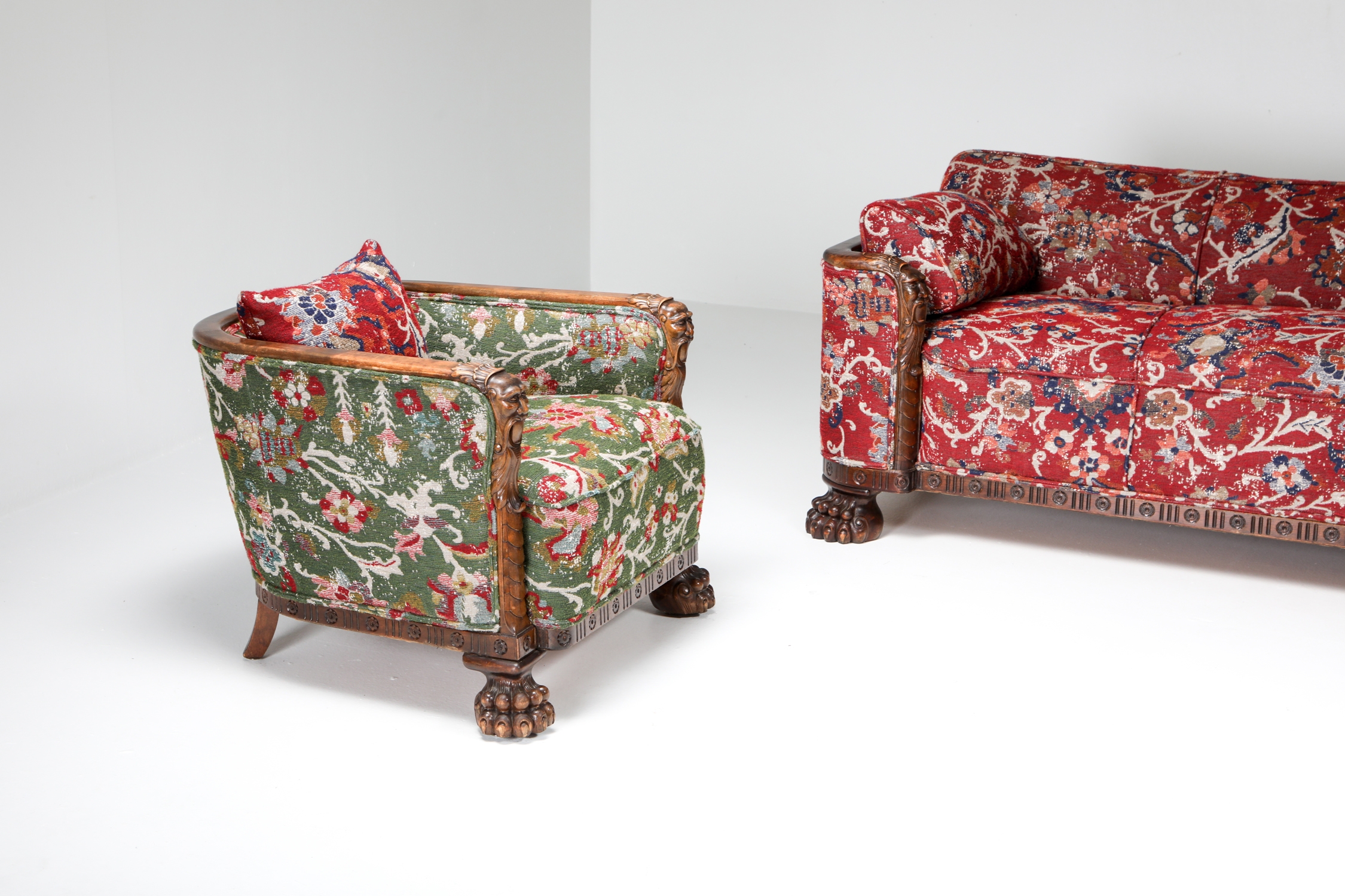 Chippendale Style Armchair with Claw Feet & Pierre Frey Jacquard - 1900s