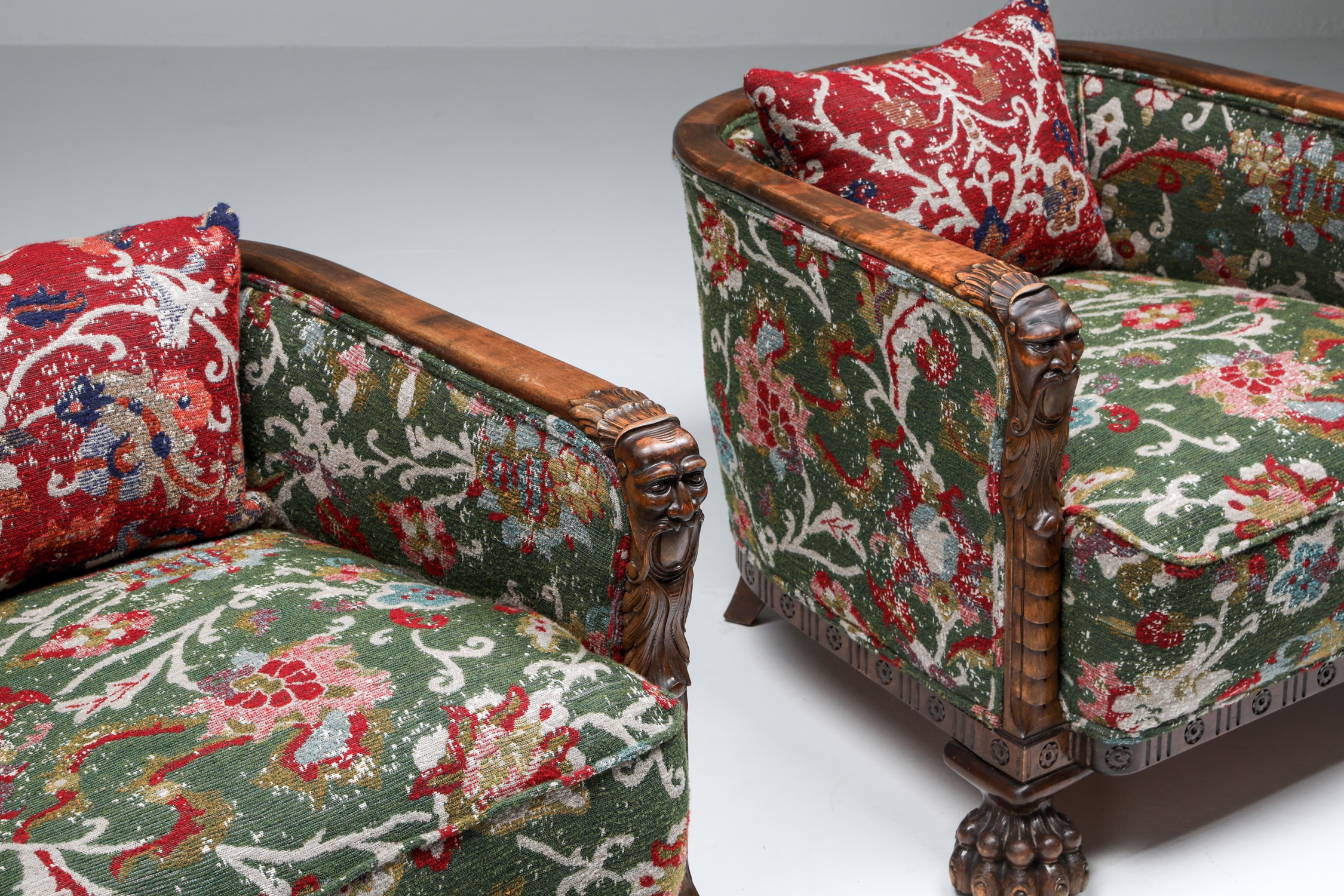 Chippendale Style Armchair with Claw Feet & Pierre Frey Jacquard - 1900s