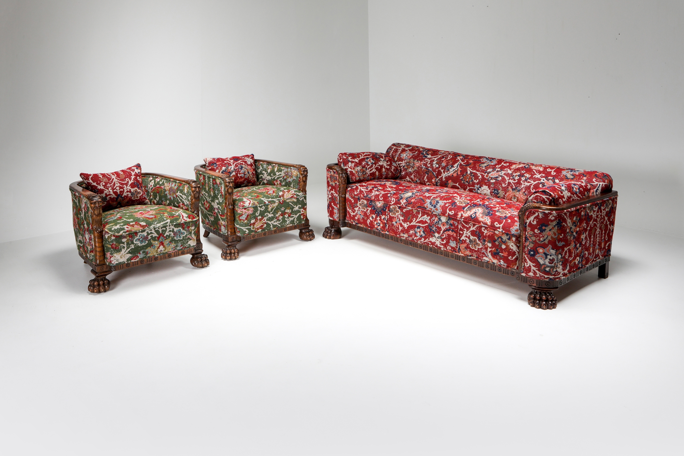 Chippendale Style Armchair with Claw Feet & Pierre Frey Jacquard - 1900s