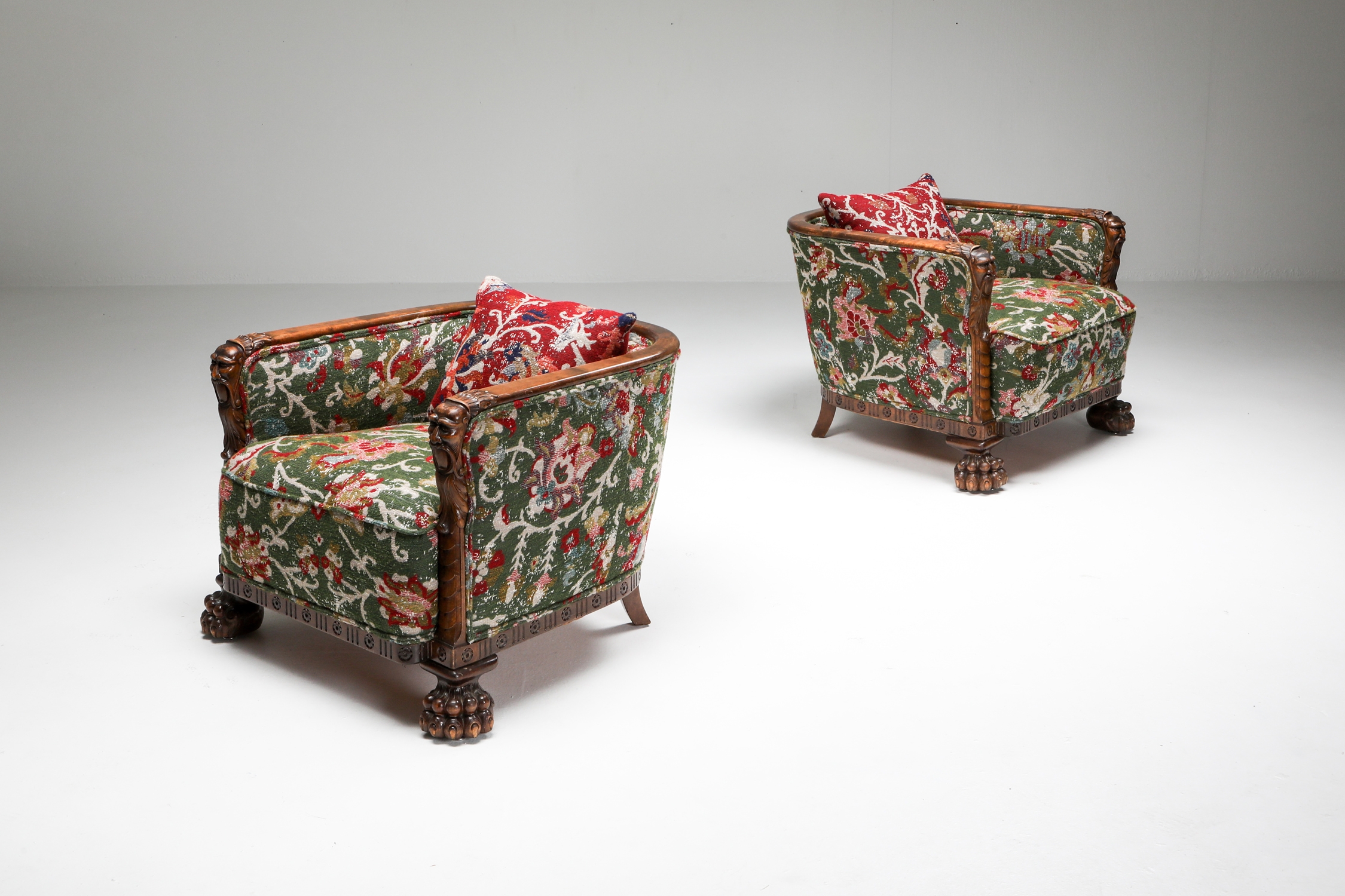Chippendale Style Armchair with Claw Feet & Pierre Frey Jacquard - 1900s