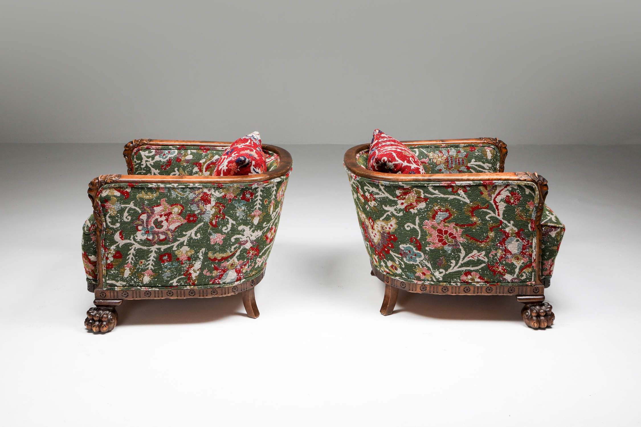 Chippendale Style Armchair with Claw Feet & Pierre Frey Jacquard - 1900s