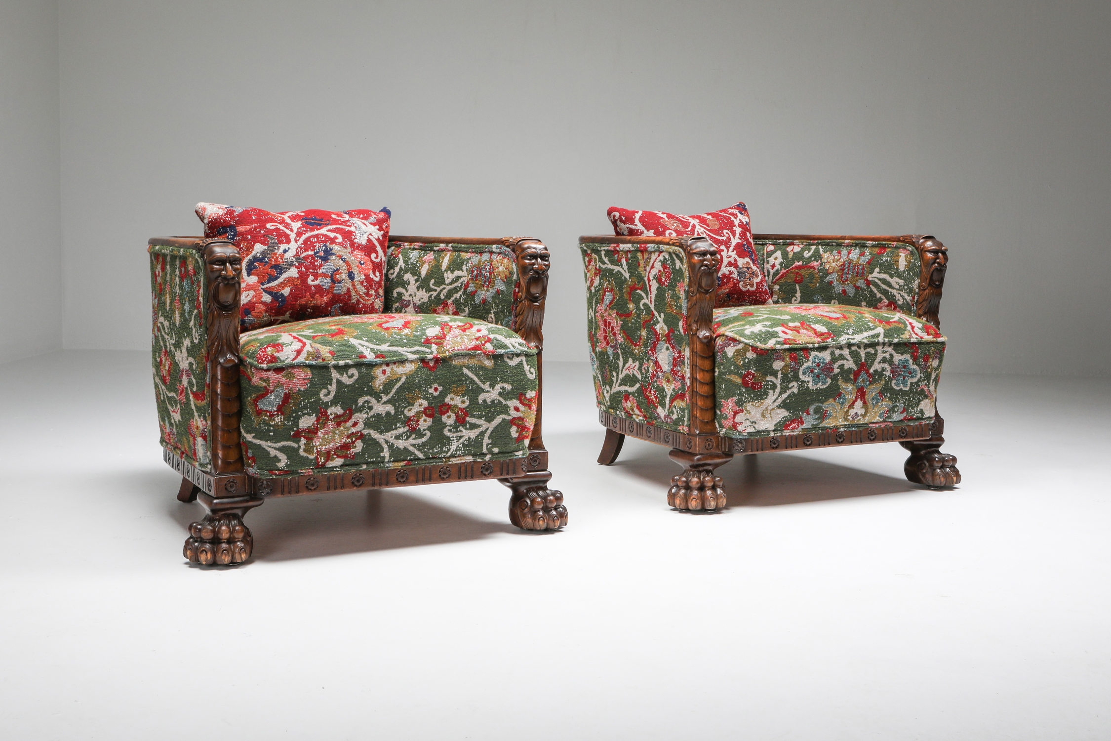 Chippendale Style Armchair with Claw Feet & Pierre Frey Jacquard - 1900s