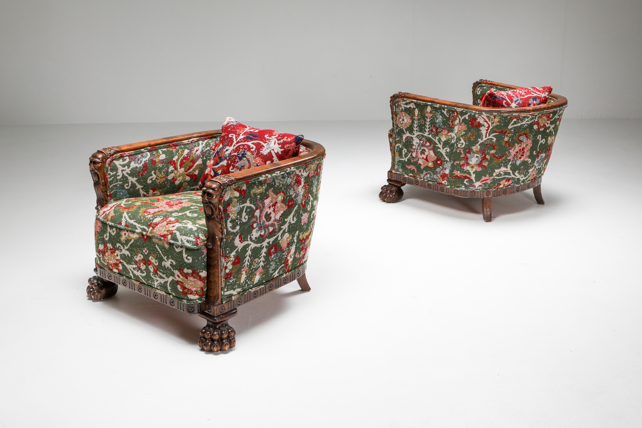 Chippendale Style Armchair with Claw Feet & Pierre Frey Jacquard - 1900s