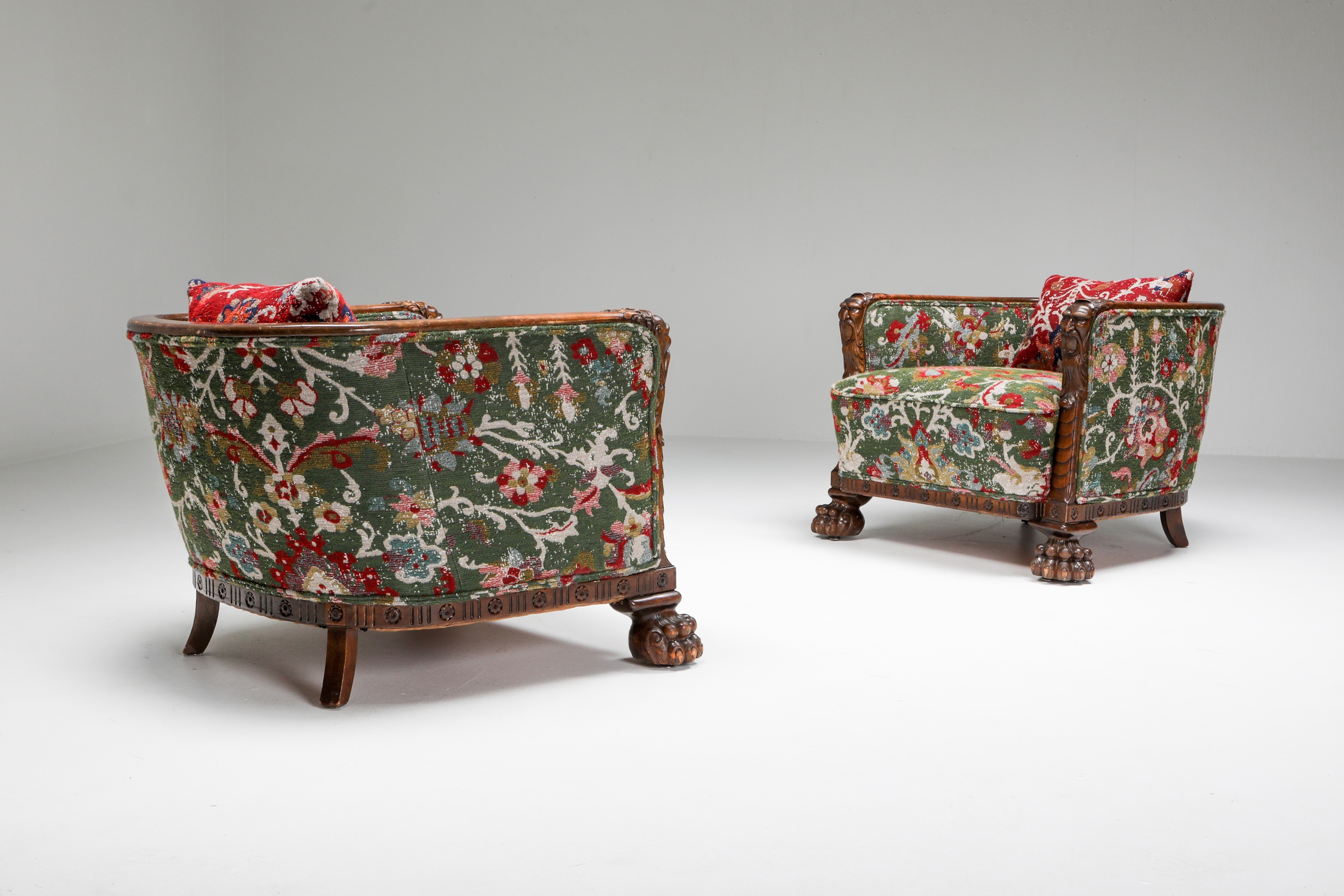 Chippendale Style Armchair with Claw Feet & Pierre Frey Jacquard - 1900s