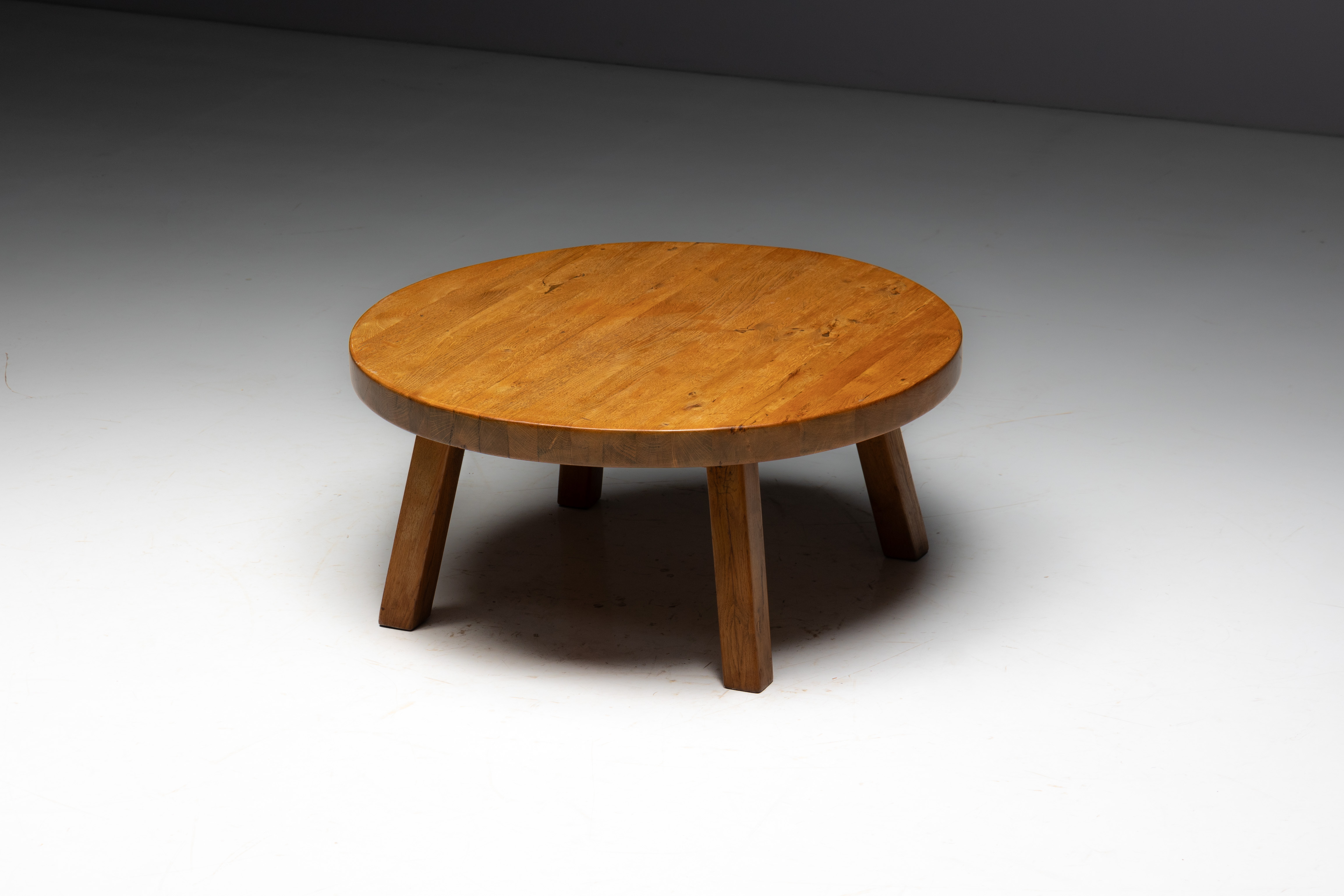 Rustic Vernacular Round Oak Coffee Table, Europe - Mid-20th Century