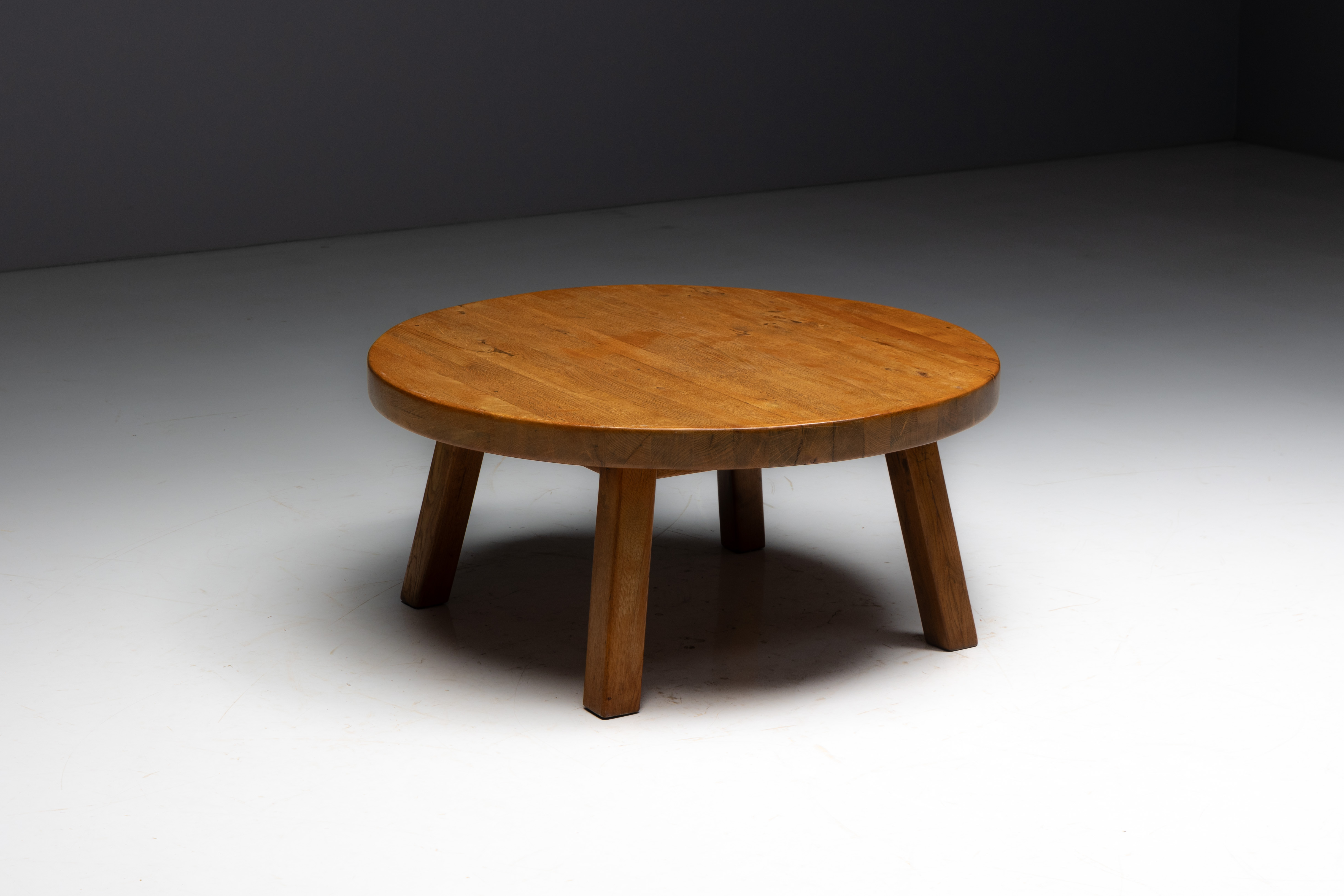 Rustic Vernacular Round Oak Coffee Table, Europe - Mid-20th Century
