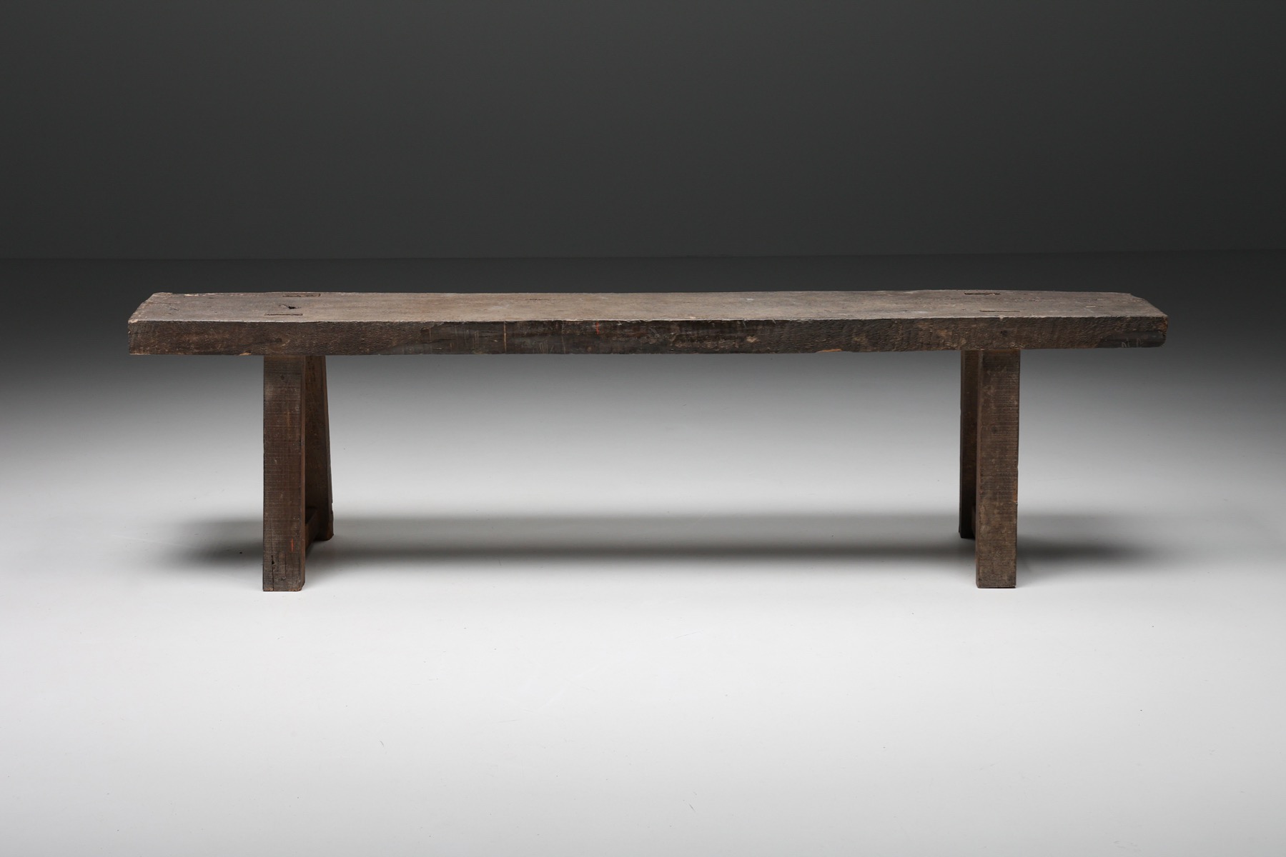 Rustic Wabi Sabi Dark Wood Bench - 1950's