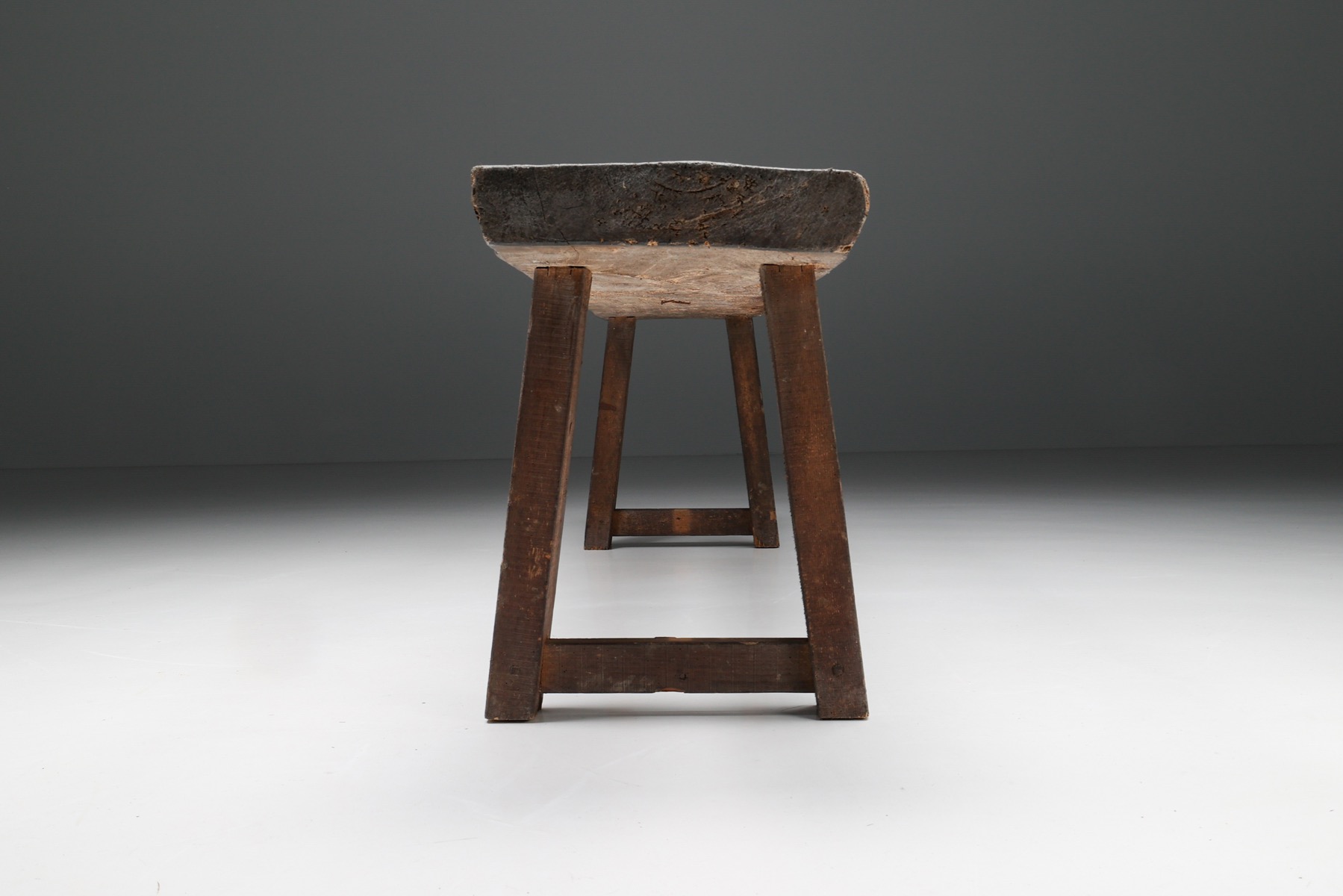 Rustic Wabi Sabi Dark Wood Bench - 1950's