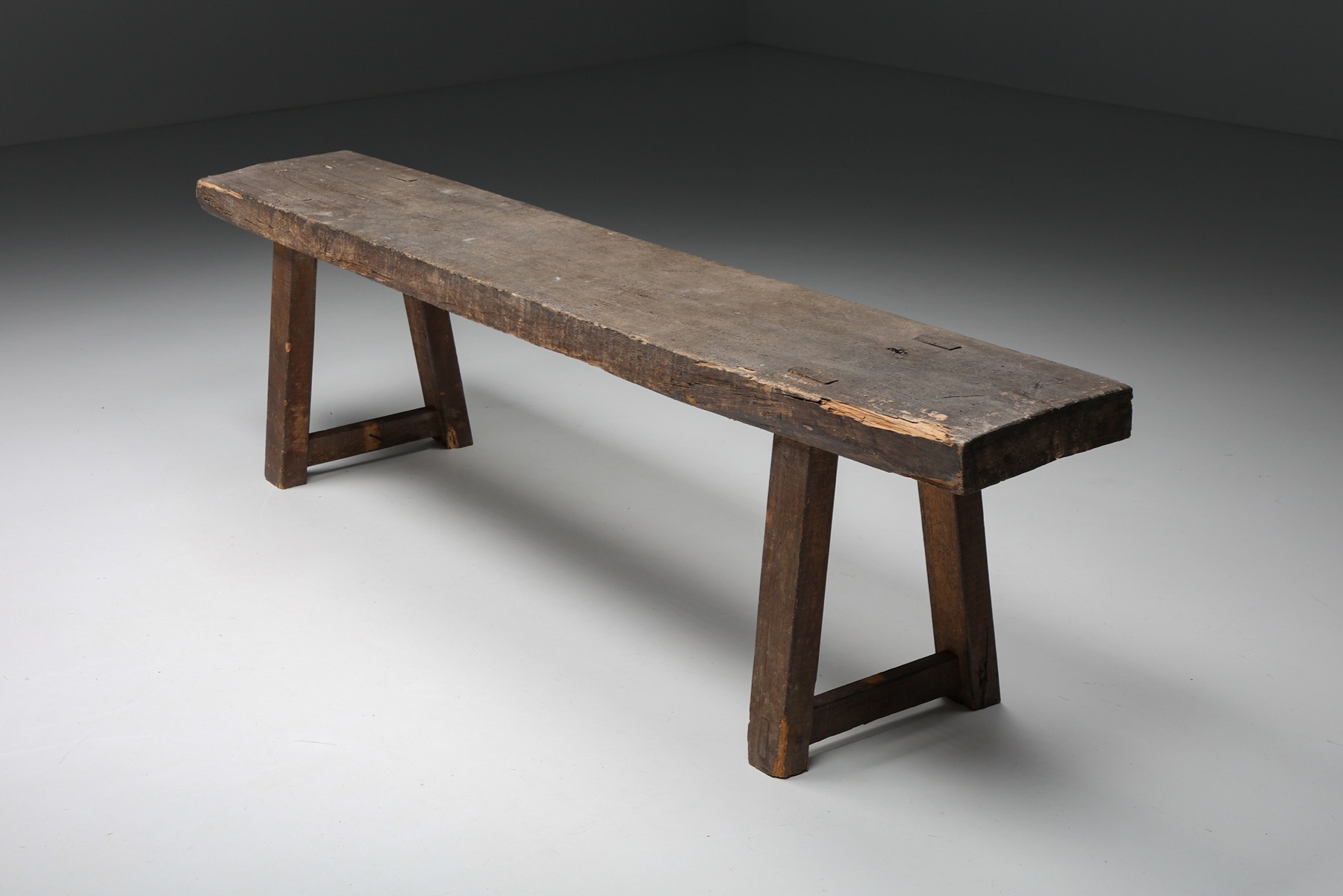 Rustic Wabi Sabi Dark Wood Bench - 1950's