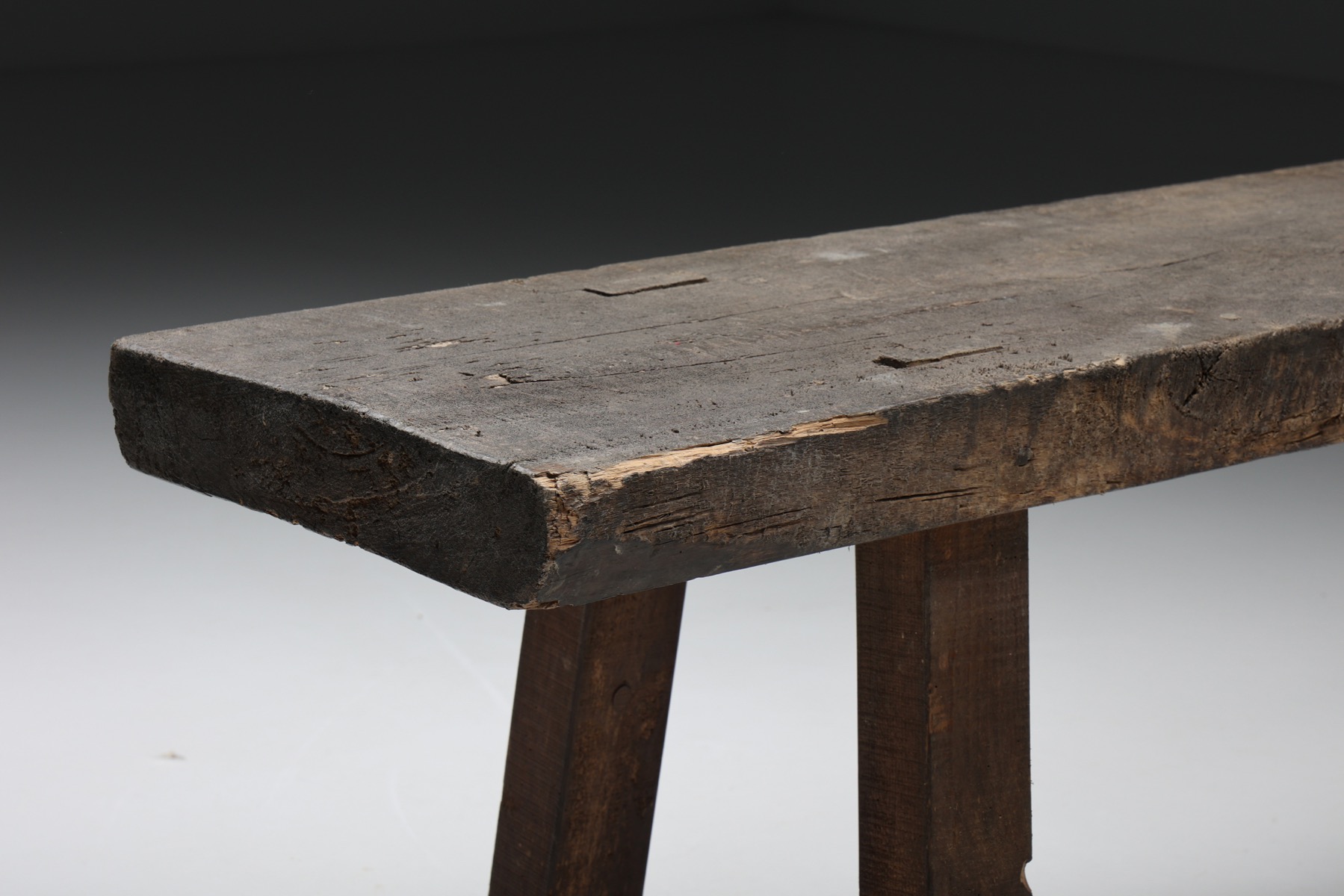 Rustic Wabi Sabi Dark Wood Bench - 1950's