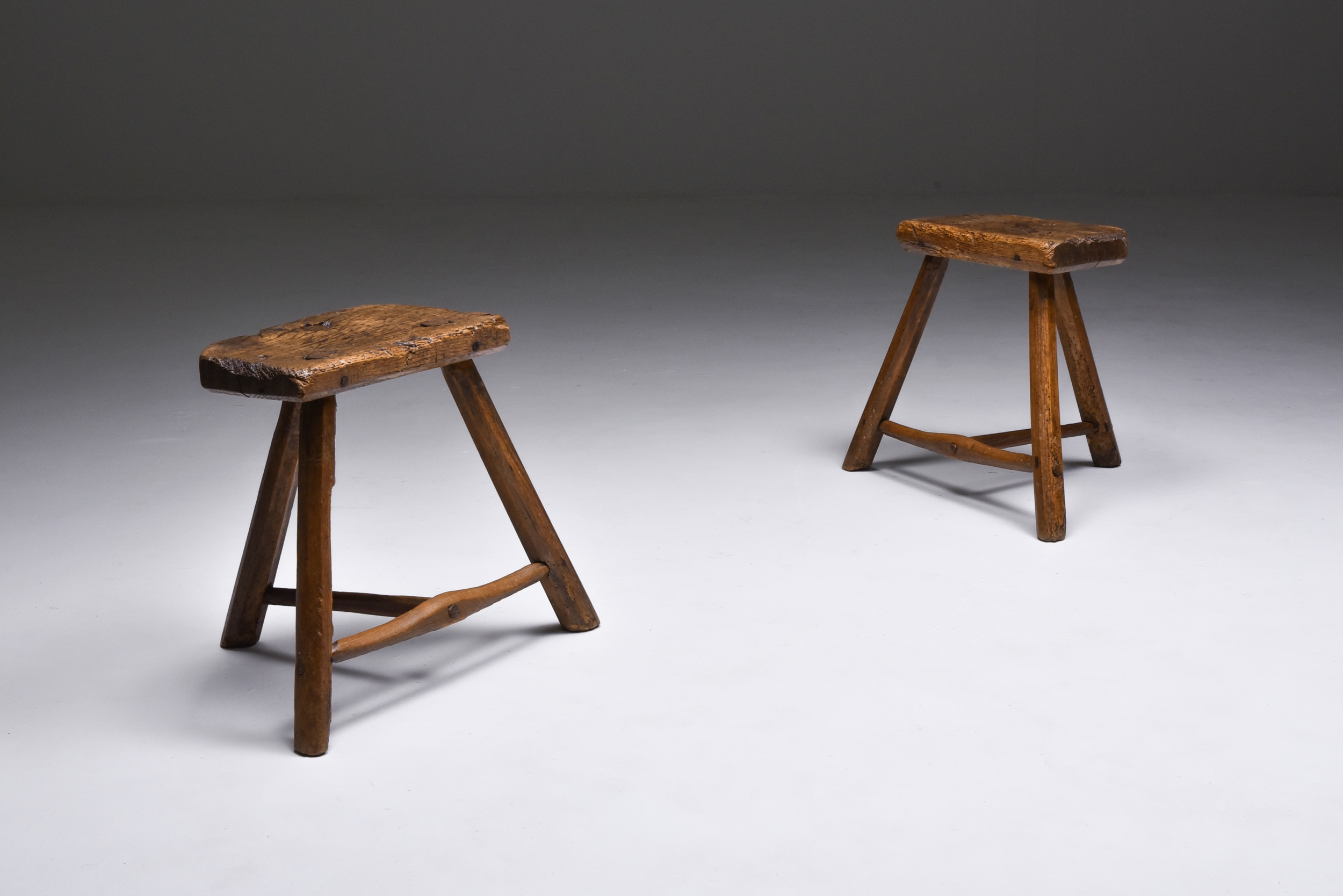 Set of rustic wabi sabi wooden milk stools - 1850's