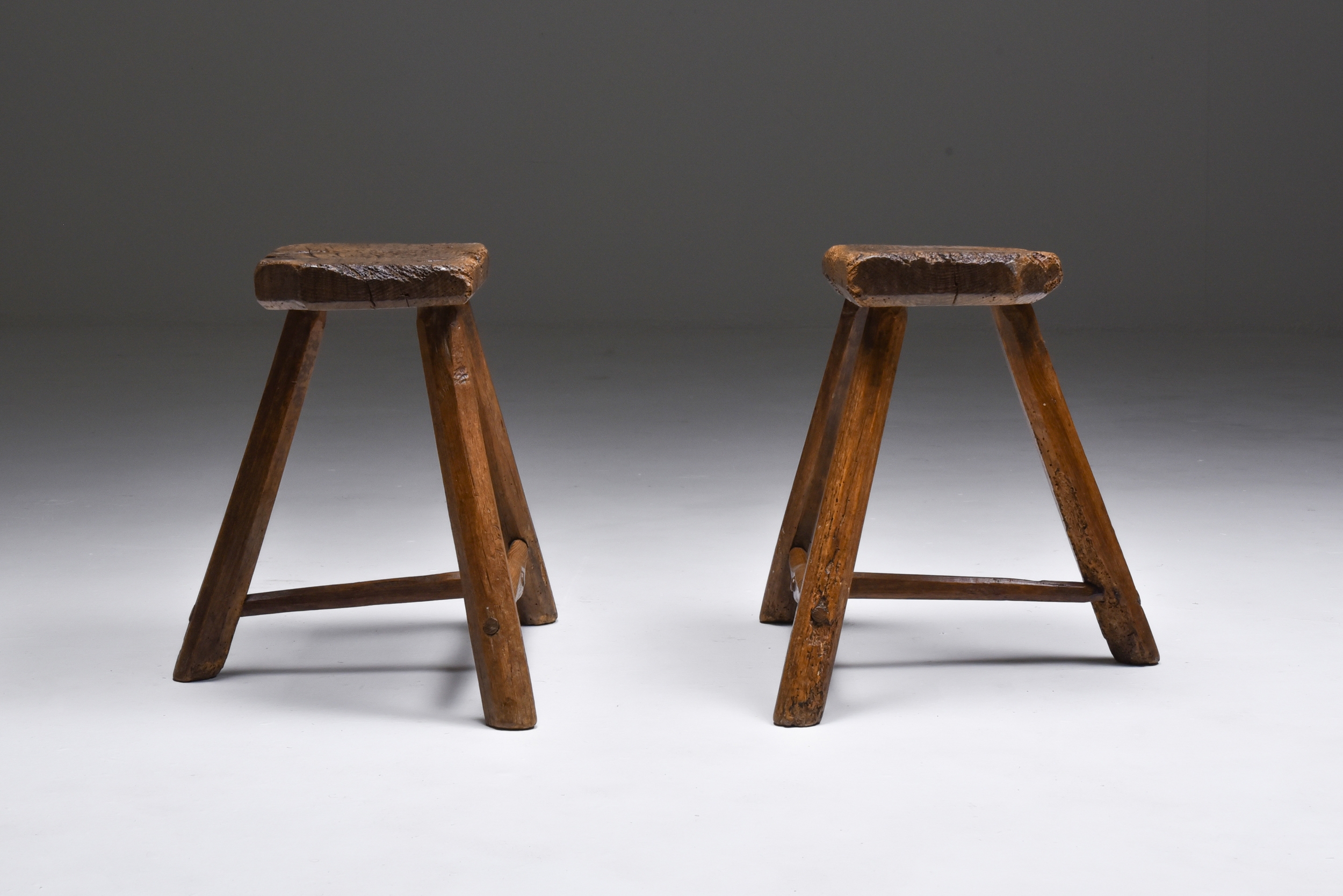 Set of rustic wabi sabi wooden milk stools - 1850's