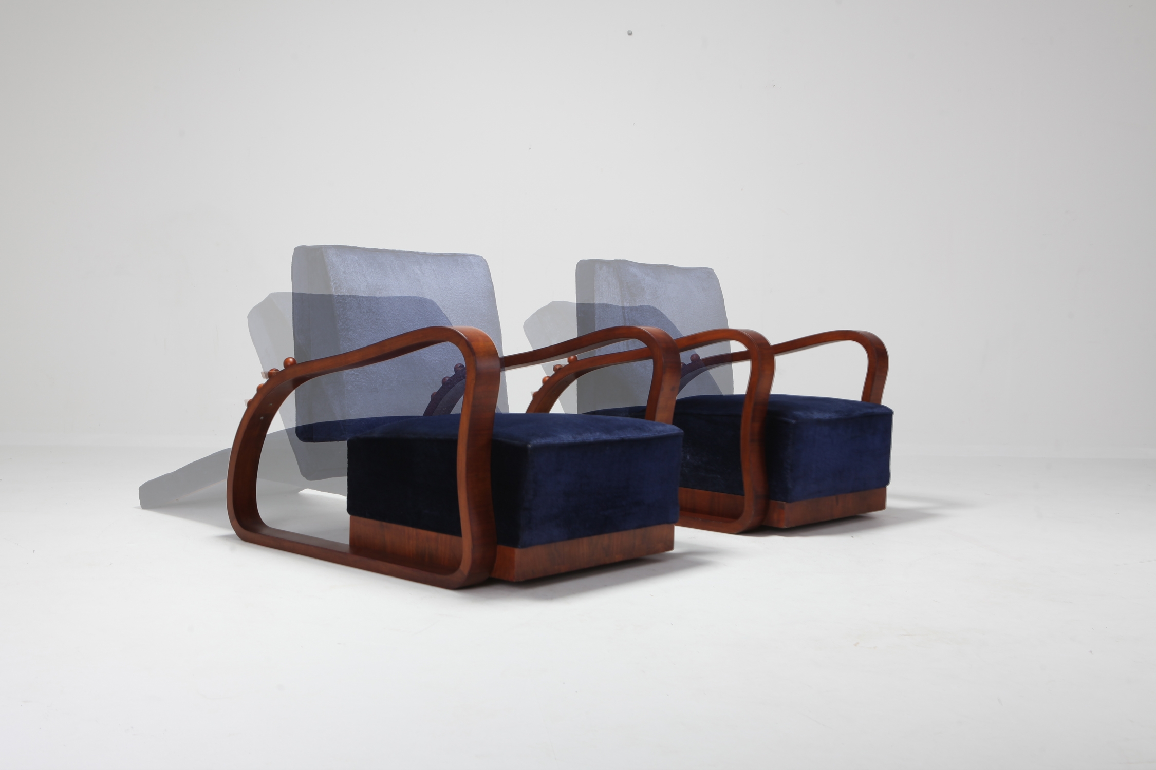 Art Deco Adjustable Lounge Chairs in Blue Velvet Halabala Style - 1930s