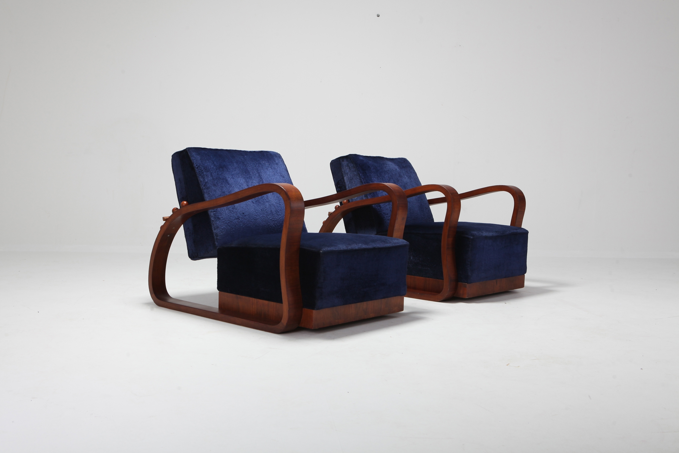 Art Deco Adjustable Lounge Chairs in Blue Velvet Halabala Style - 1930s