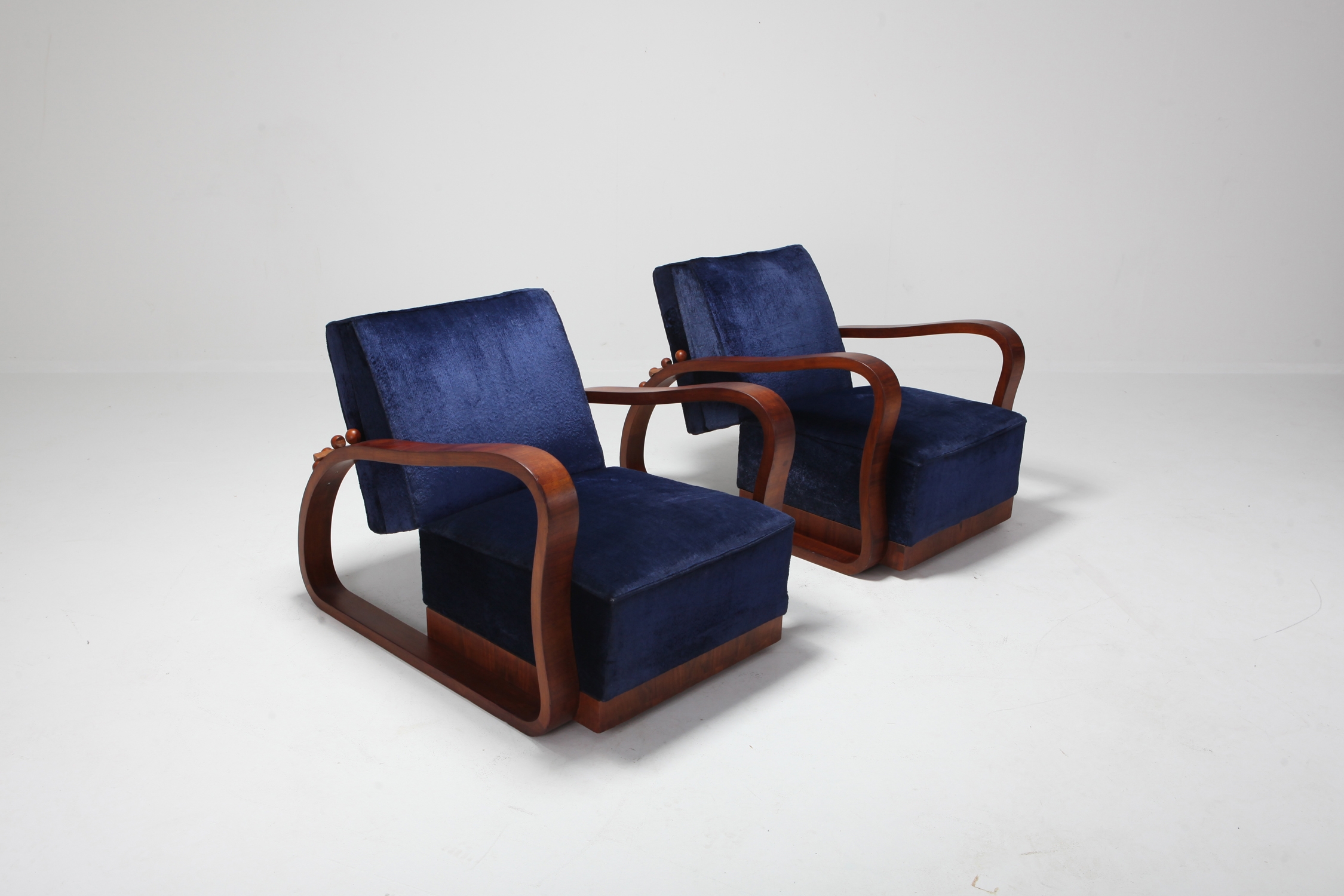 Art Deco Adjustable Lounge Chairs in Blue Velvet Halabala Style - 1930s