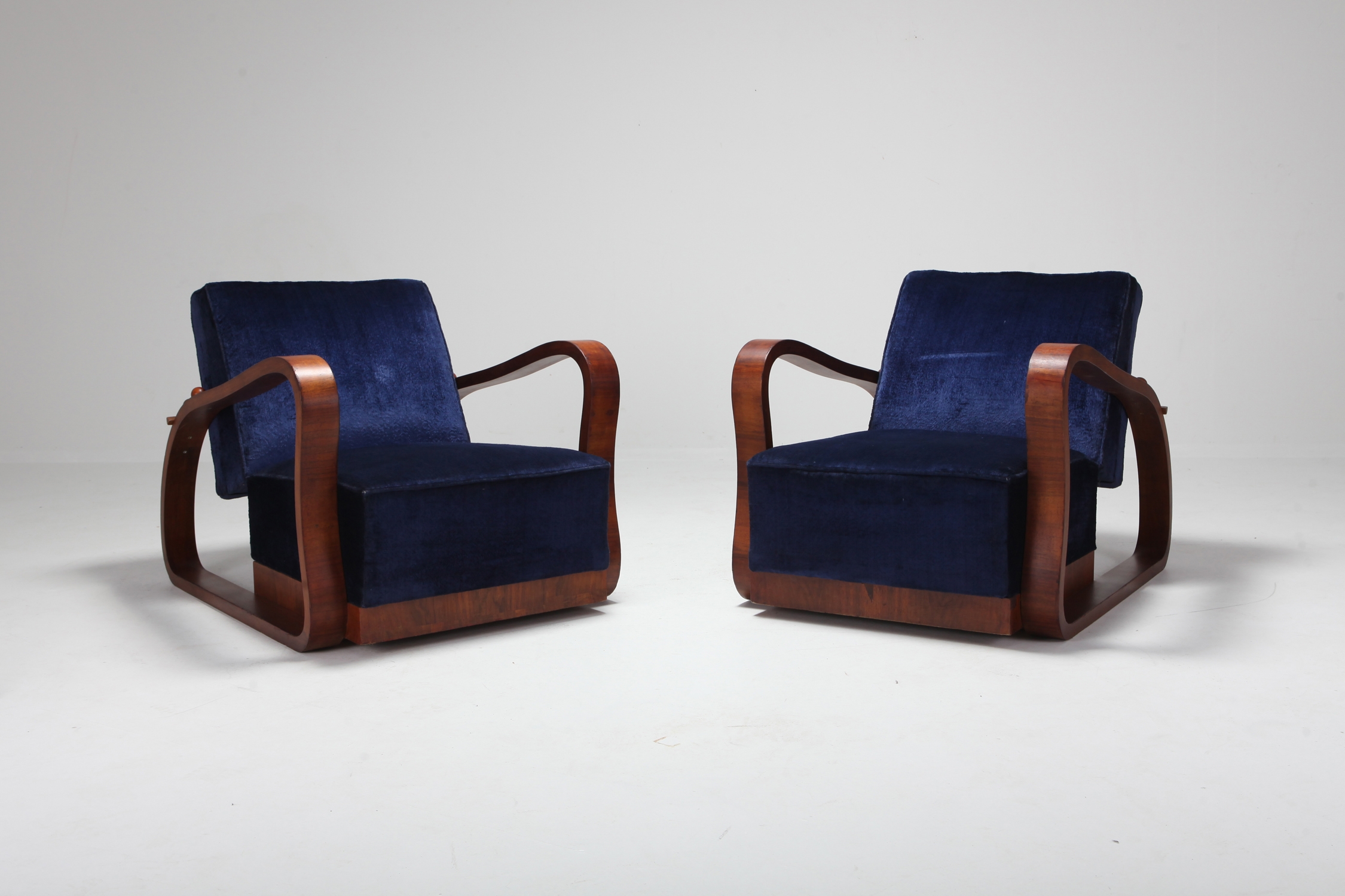 Art Deco Adjustable Lounge Chairs in Blue Velvet Halabala Style - 1930s