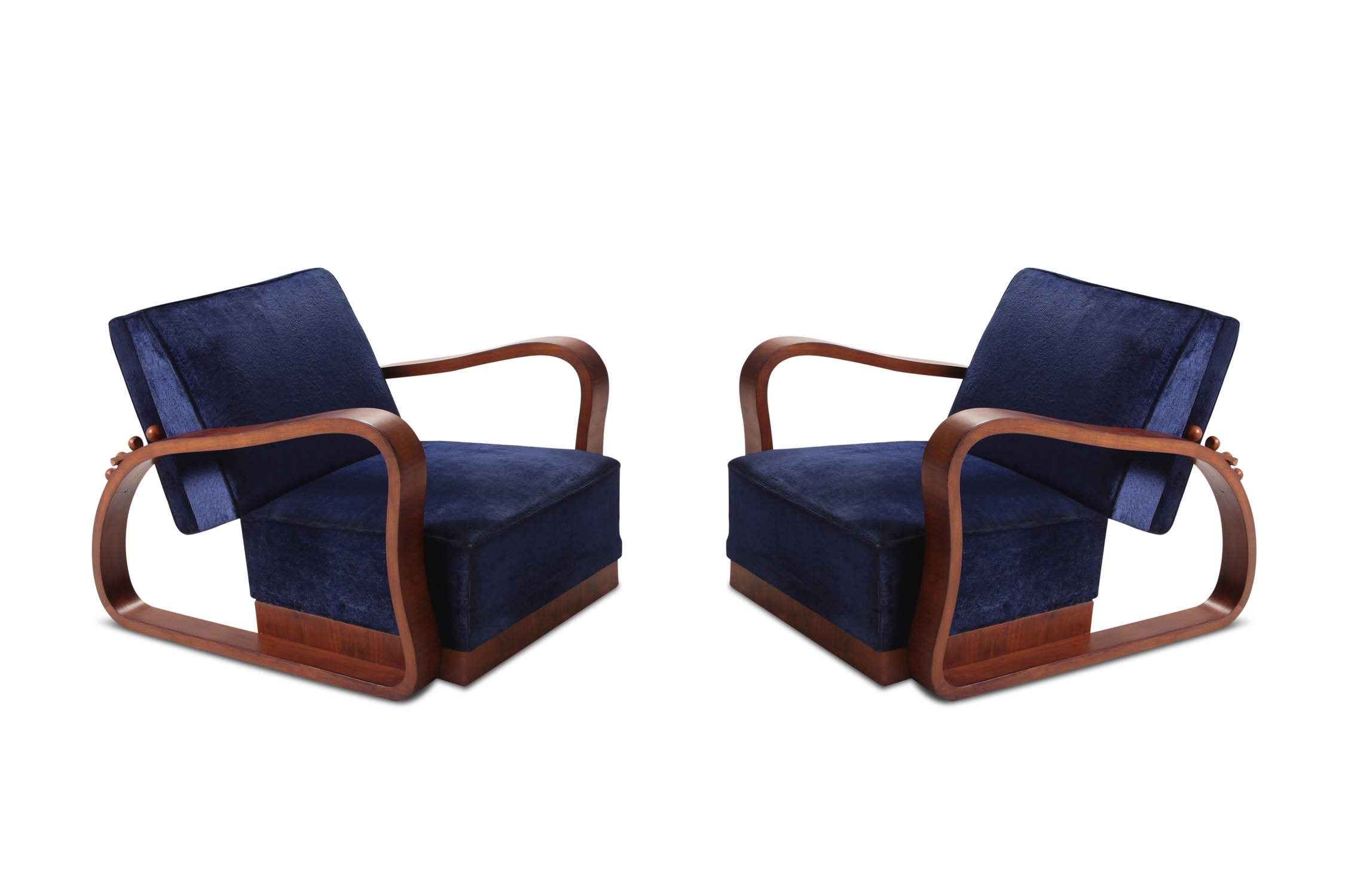 Art Deco Adjustable Lounge Chairs in Blue Velvet Halabala Style - 1930s