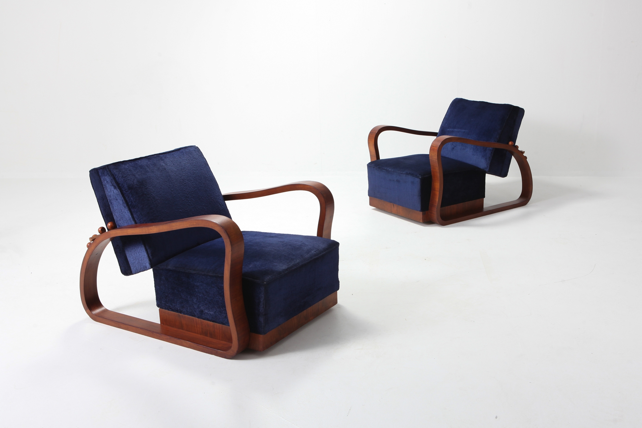 Art Deco Adjustable Lounge Chairs in Blue Velvet Halabala Style - 1930s