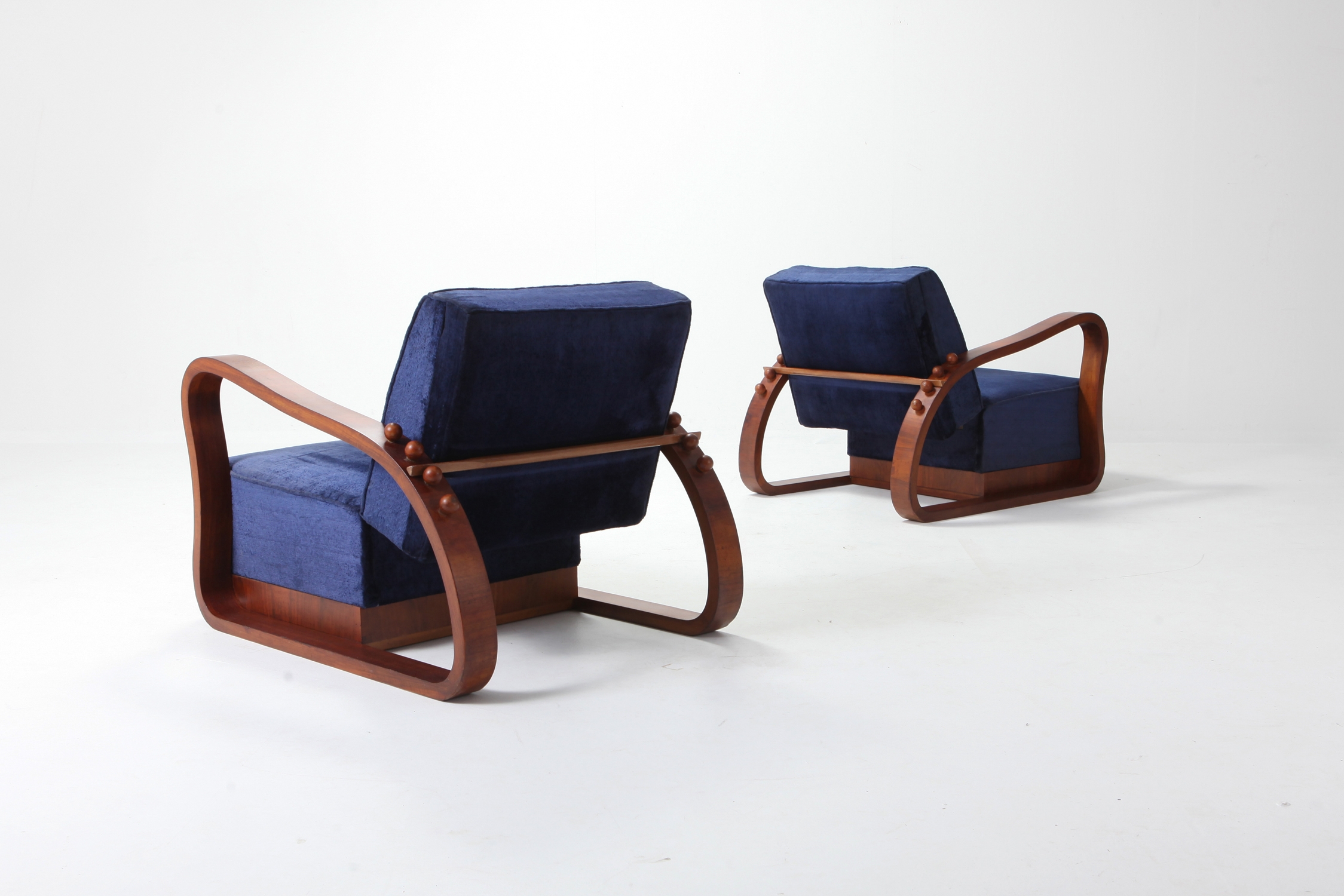 Art Deco Adjustable Lounge Chairs in Blue Velvet Halabala Style - 1930s